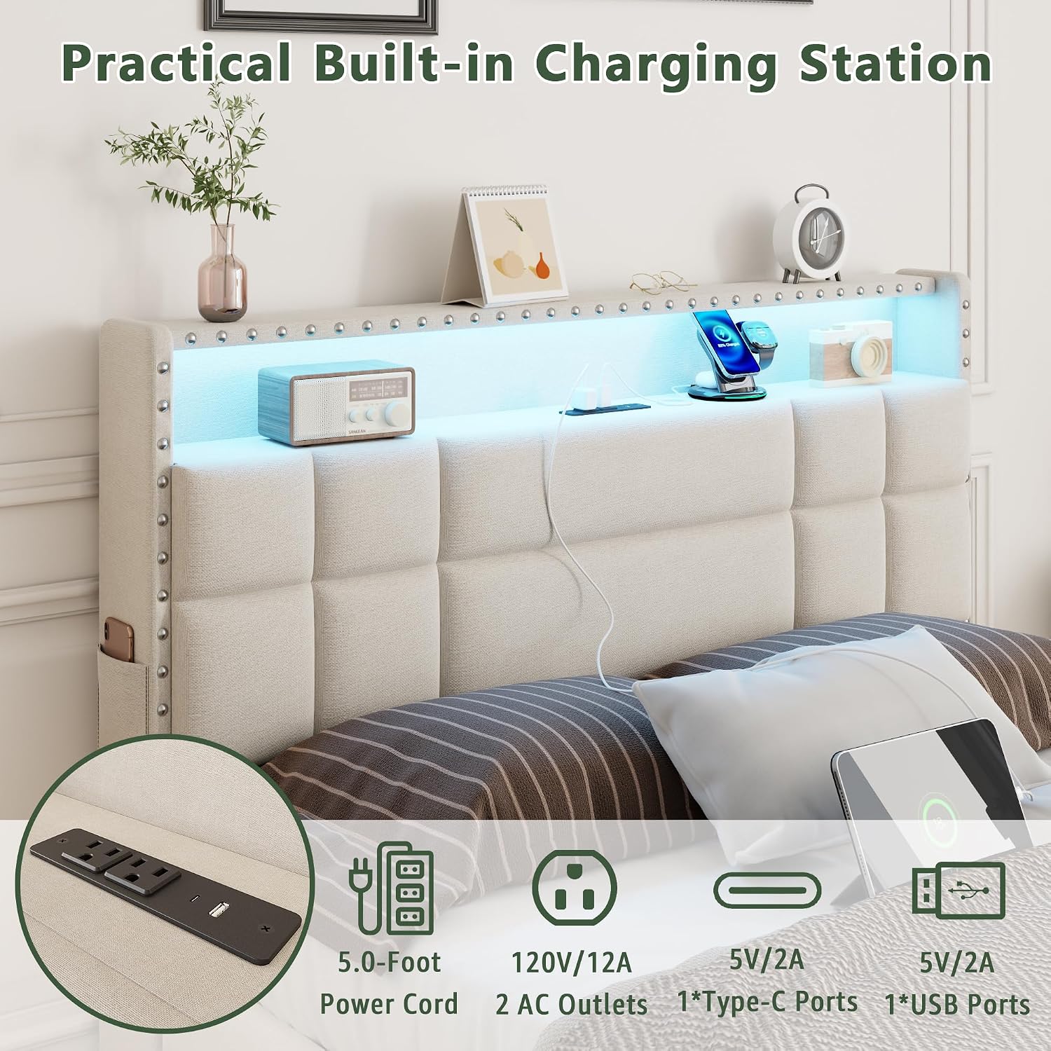 OURPIC Full Size Bed Frame with 4 Storage Drawers & Headboard, Upholstered Platform Bed Frame Full Size with Charging Station & LED Lights, No Box Spring Needed, Metal Slats Support, Noise Free, Beige