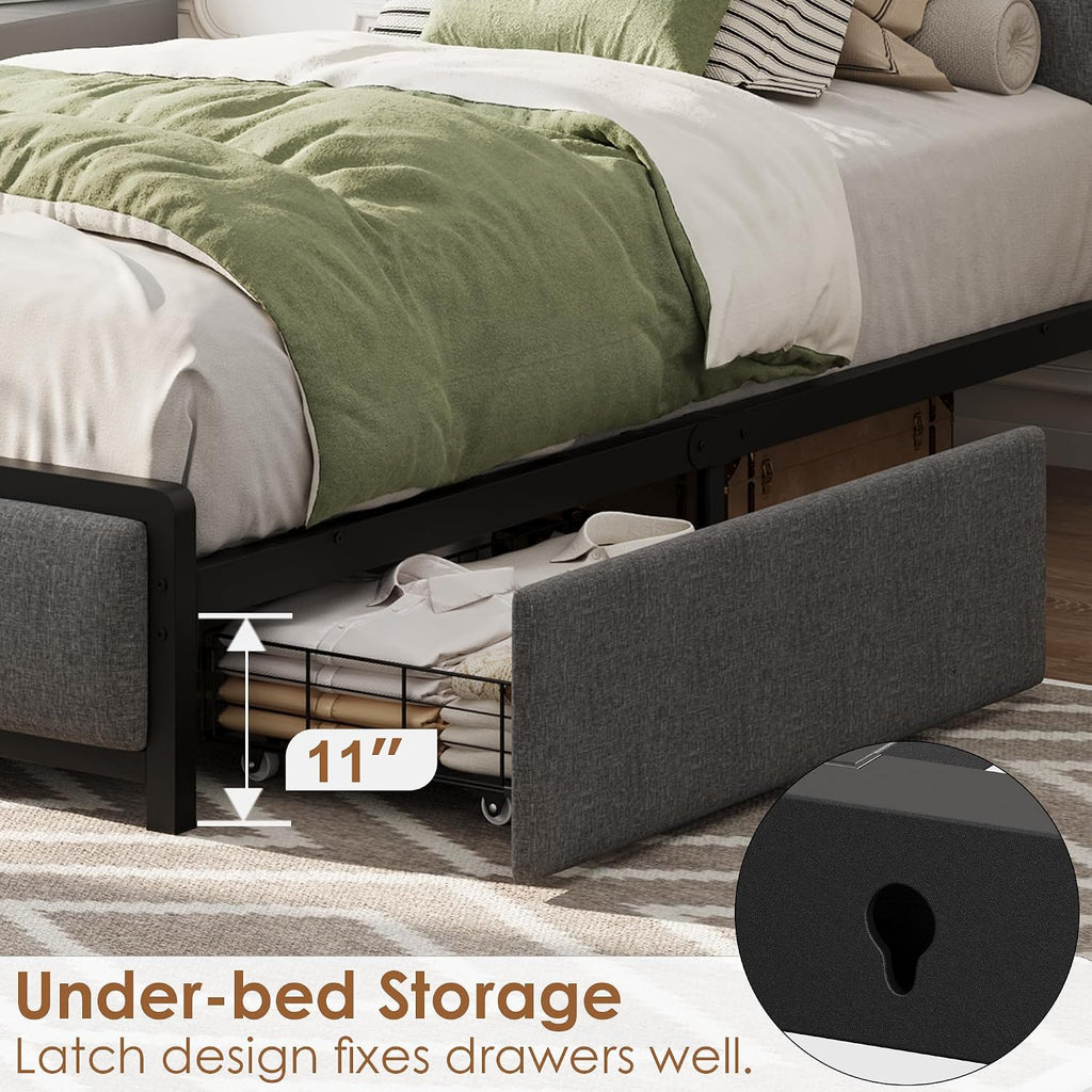 Twin-XL Size Bed Frame with 2 Storage Drawers and Charging Station, Rustic Linen Upholstered Platform Bedframe with Storage Headboard, Heavy Duty, No Box Spring Needed, Easy Assembly, Noise Free