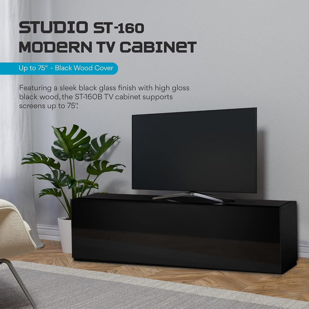 SONOROUS ST-160 Premium TV Stand with Black Wood & Black Wood Cover - Luxury Entertainment Center & Media Console for Living Room - High Gloss Modern TV Cabinet up to 75 Inches - Sleek Storage Design