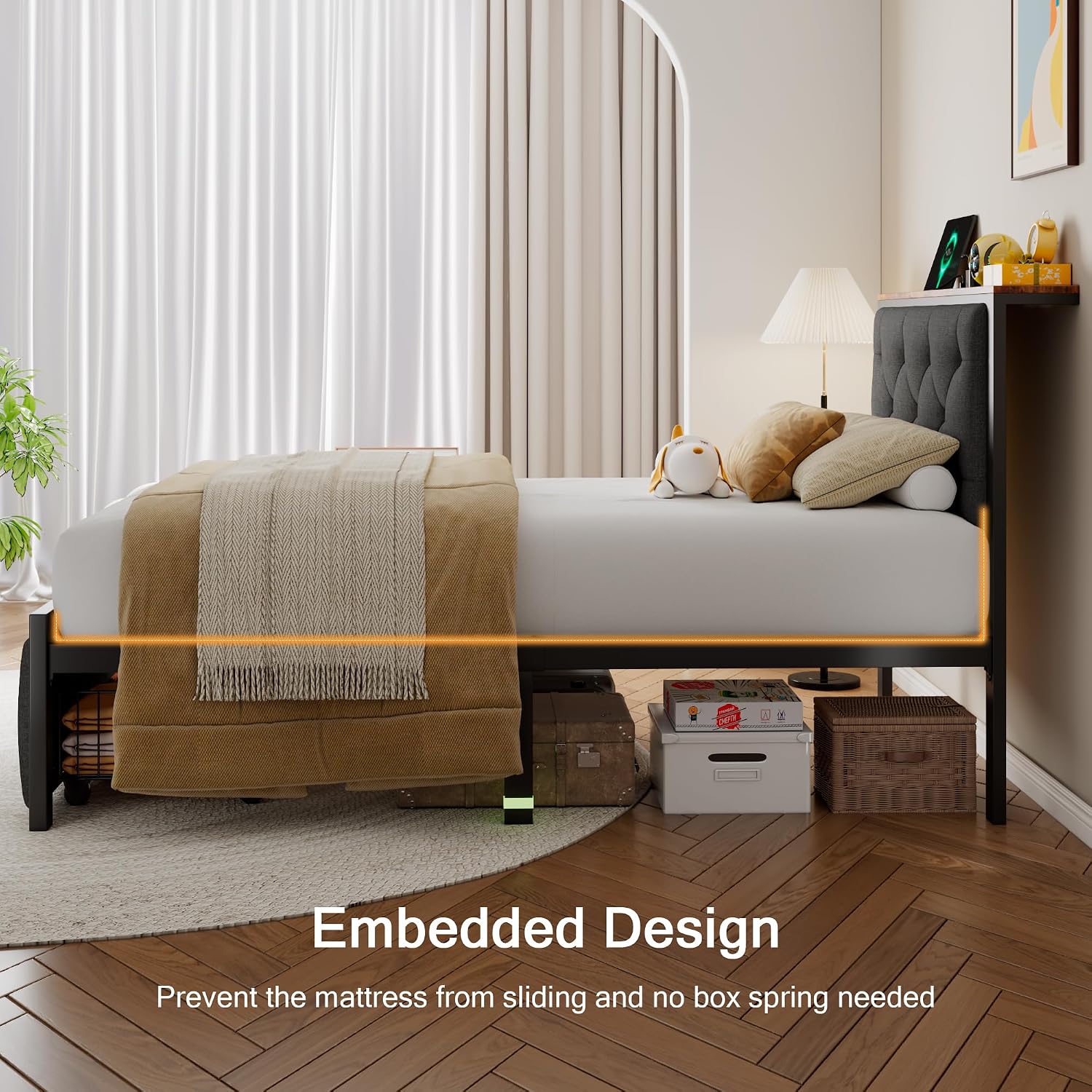 Einhomn Twin Bed Frame with Storage Drawer, Metal Platform Bed with Charging Station, Upholstered Button Tufted Storage Headboard, No Box Spring Needed, Noise-Free, Easy Assembly, Grey