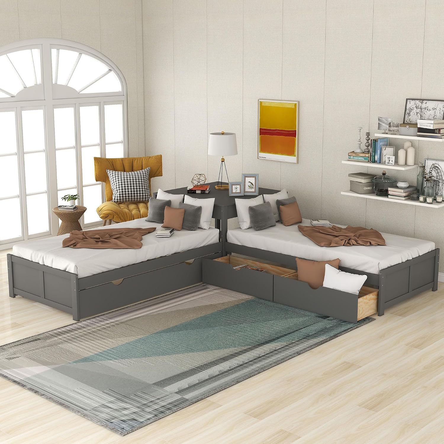 Merax Storage Daybed with Trundle, Twin Size L-Shaped Platform Bed with Convertible Trundle, Two Drawers and Built-in Desk for Living Room, Bedroom, Guest Room, No Box Spring Needed (Grey)