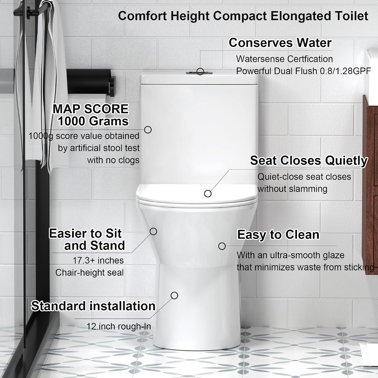 Elongated One Piece Toilet with Comfort Chair Seat ADA Height 17.3', Modern Toilets for Bathroom, Powerful Dual Flush 0.8/1.28 GPF, MAP 1000g Compact Toilet, 12' Rough-In, Standard White Toilet Bowl