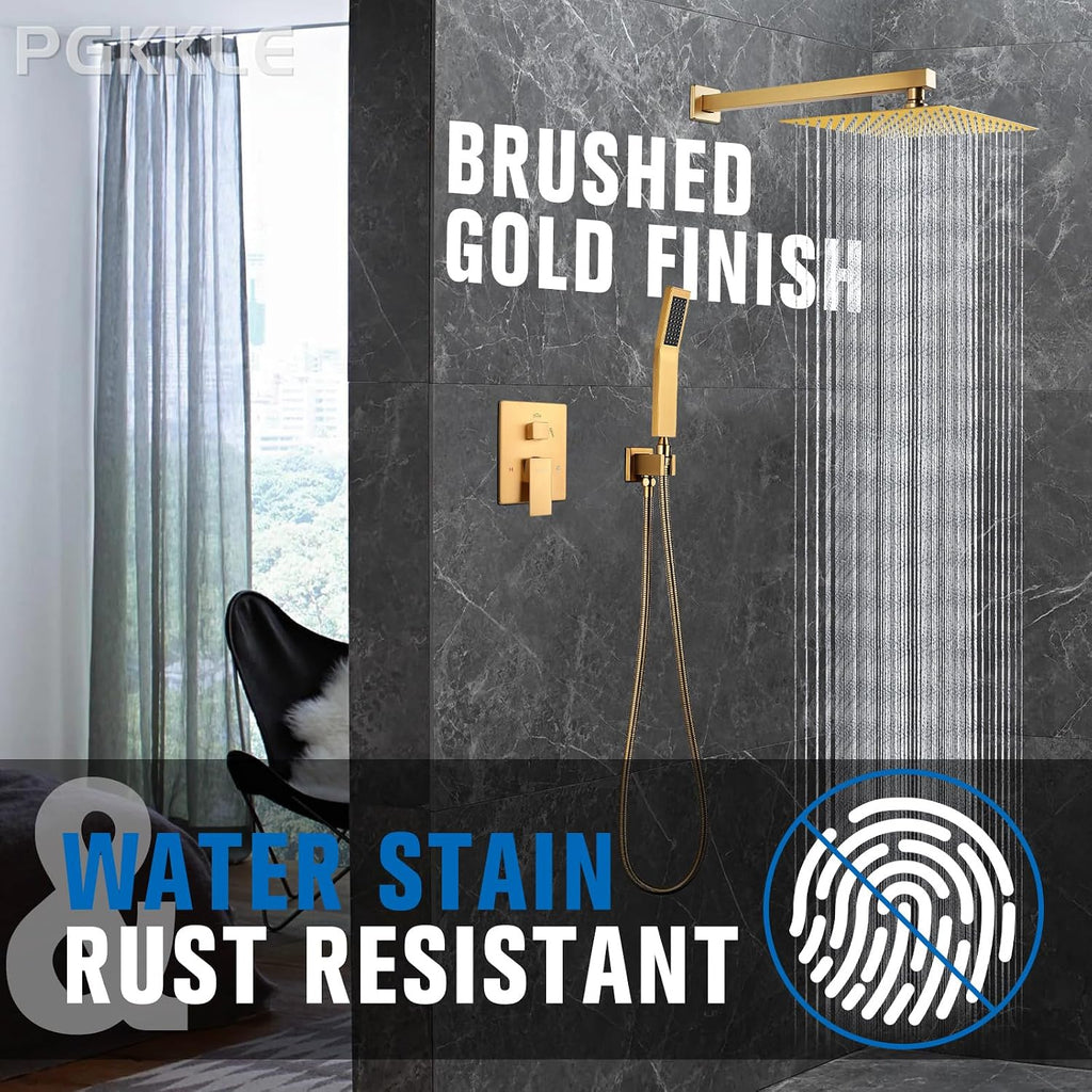 Rainfall Shower System - Wall Mounted Complete Combo with Solid Brass Pressure Balancing Valve, High Pressure Shower Head, Handle Set & Installation Accessories Brushed Gold 10'+Handheld Spray