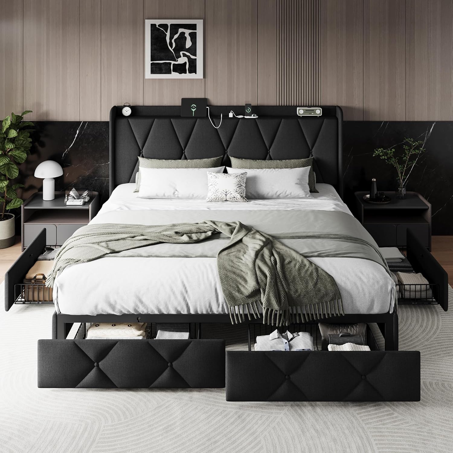 Einhomn King Size Bed Frame with 4 Storage Drawers and Charging Station, Upholstered Platform Bed Frame with Storage Headboard, No Box Spring Needed, Easy Assembly, Black