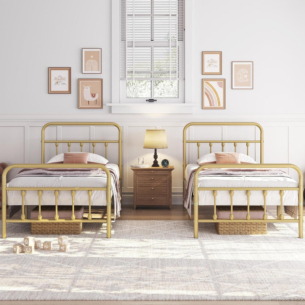 Yaheetech 2Pcs Twin Size Metal Platform Bed Frame with Victorian Style Iron-Art Headboard/Footboard/Under Bed Storage/No Box Spring Needed Antique Gold