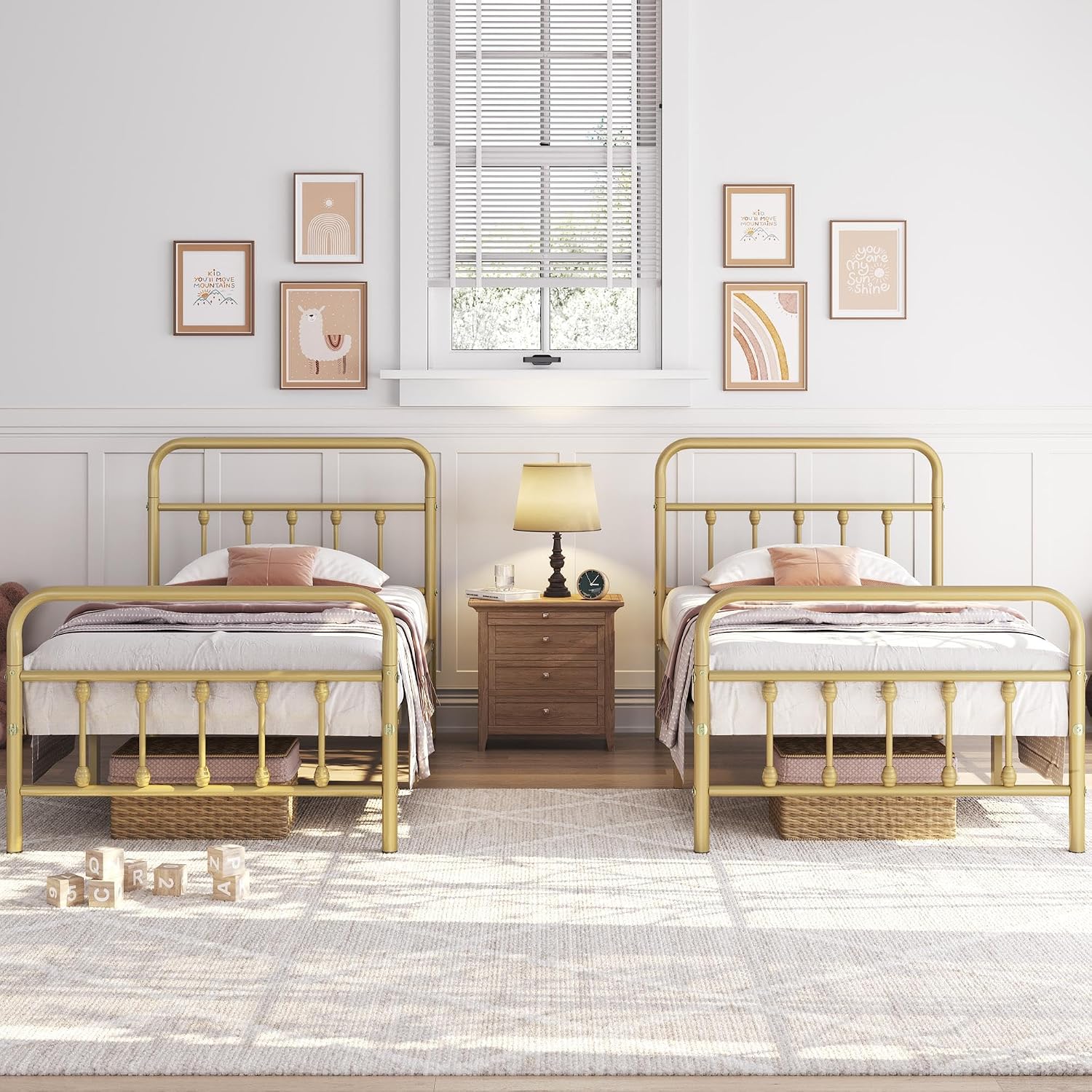 Yaheetech 2Pcs Twin Size Metal Platform Bed Frame with Victorian Style Iron-Art Headboard/Footboard/Under Bed Storage/No Box Spring Needed Antique Gold