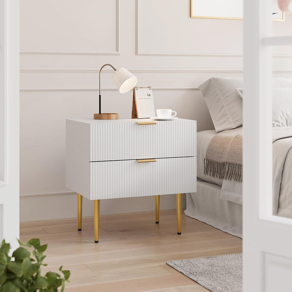 Smart FENDEE Set of 2 Nightstand, White Mid Century Modern Night Stand with Fluted Panel, Bedside Table with 2 Drawer, Large NightStand with Gold Leg for Bedroom