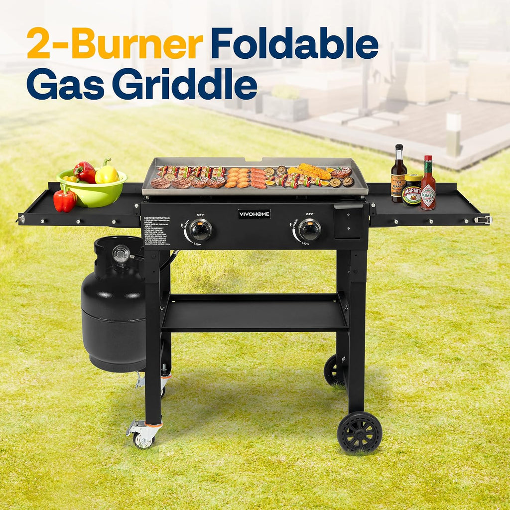 VIVOHOME 2-Burner 30,000 BTU Propane Gas Grill, Folding Flat Top Grill with Side Shelves, Picnics & Family BBQ, Heavy-Duty Rust-Resistant Griddle