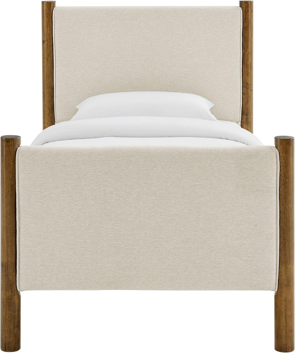 Modway Maven Twin Size Bed Frame in Ivory Walnut with Upholstered Fabric Headboard and Footboard – Wood Twin Platform Bed Frame – No Box Spring Needed