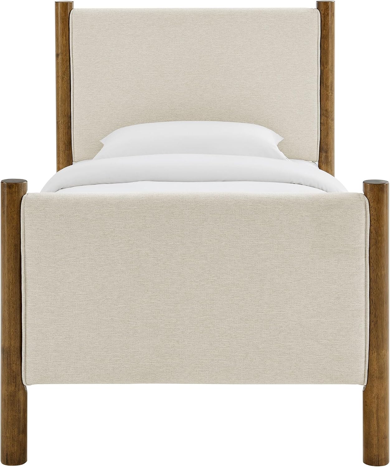 Modway Maven Twin Size Bed Frame in Ivory Walnut with Upholstered Fabric Headboard and Footboard – Wood Twin Platform Bed Frame – No Box Spring Needed