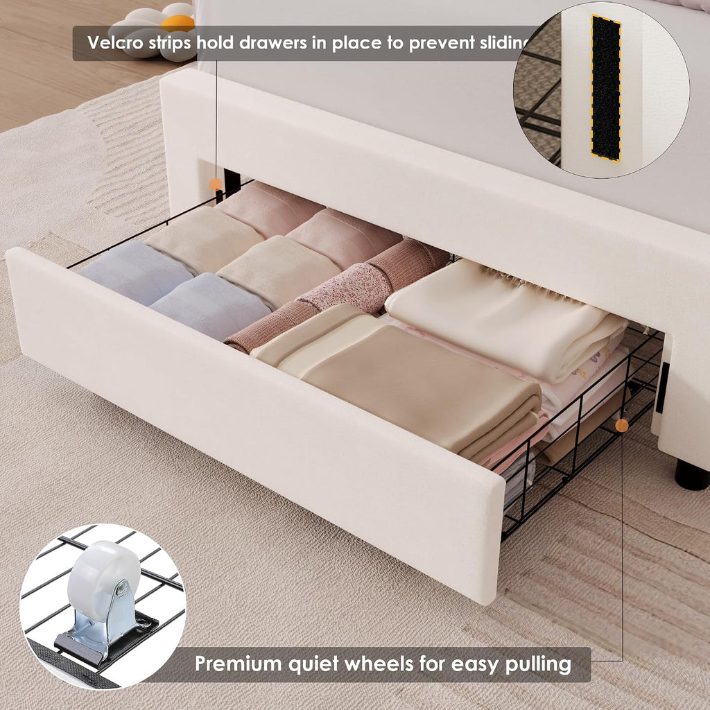 HIFIT 2 Set Twin Bed Frame with Storage and LED Light for Girls, Twin Size Upholstered LED Bed Frame with Drawer & Chic Double Petal Headboard, Solid Wood Slat, Kids Platform w/Storage, Beige