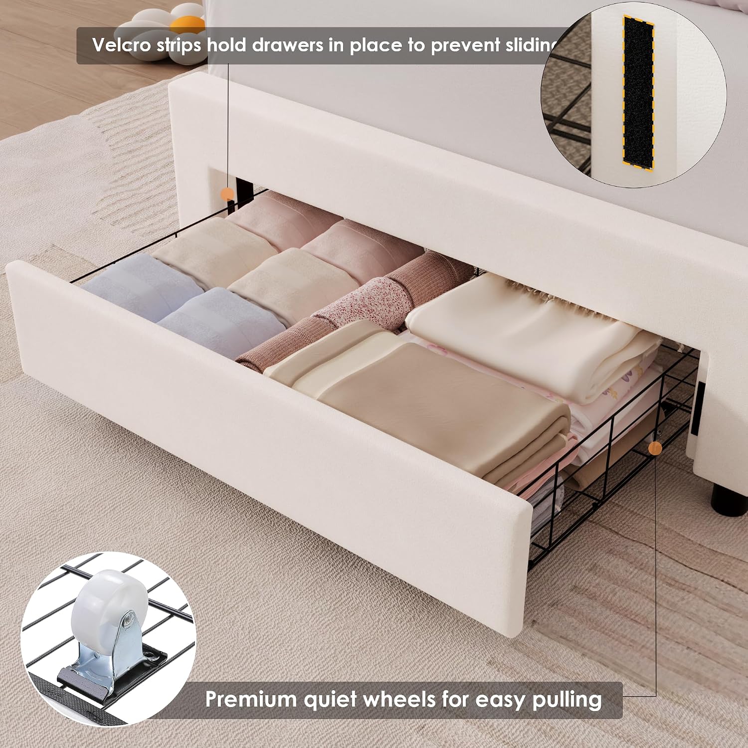 HIFIT 2 Set Twin Bed Frame with Storage and LED Light for Girls, Twin Size Upholstered LED Bed Frame with Drawer & Chic Double Petal Headboard, Solid Wood Slat, Kids Platform w/Storage, Beige