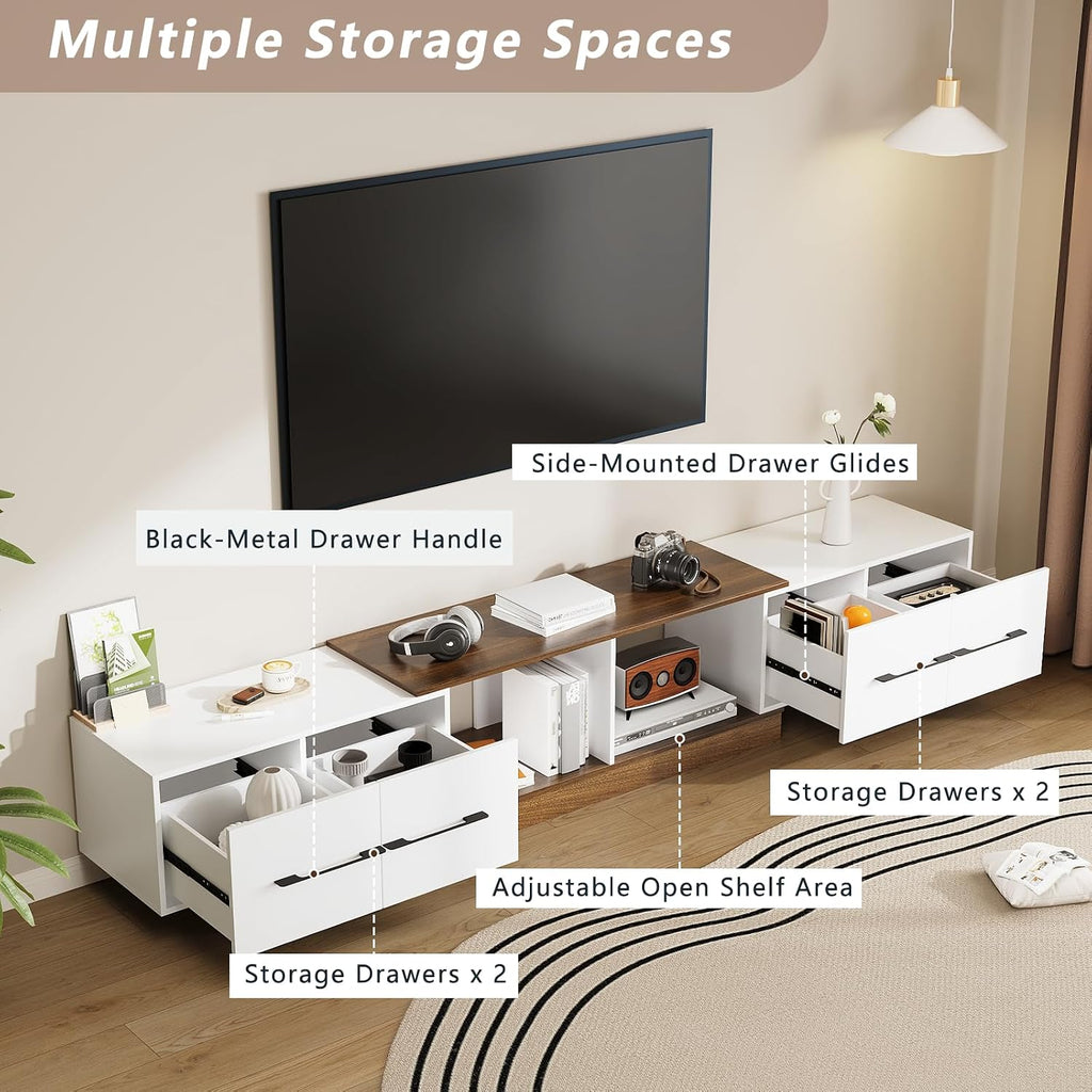 Extendable TV Stand for 55'–120' TVs, Modern Entertainment Center with 4 Drawers, Adjustable Open Shelves & Retractable Design, TV Console for Living Room, Walnut/White