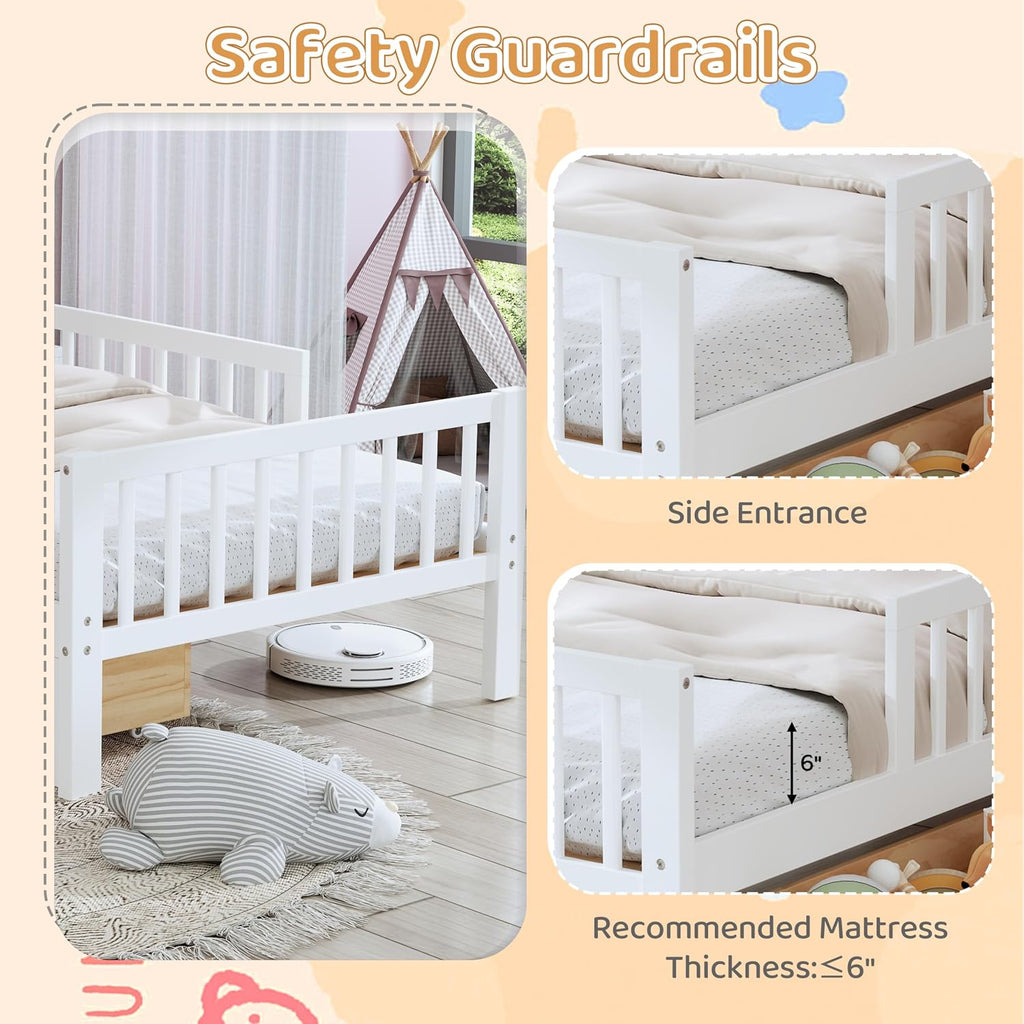 VilroCaz Wood Twin Size Platform Bed with Safety Fence for Kids Boys Girls, Platform Bed Frame with Practical Headboard and 2 Under-Bed Drawers, Sturdy Slats Support (White-3.15)