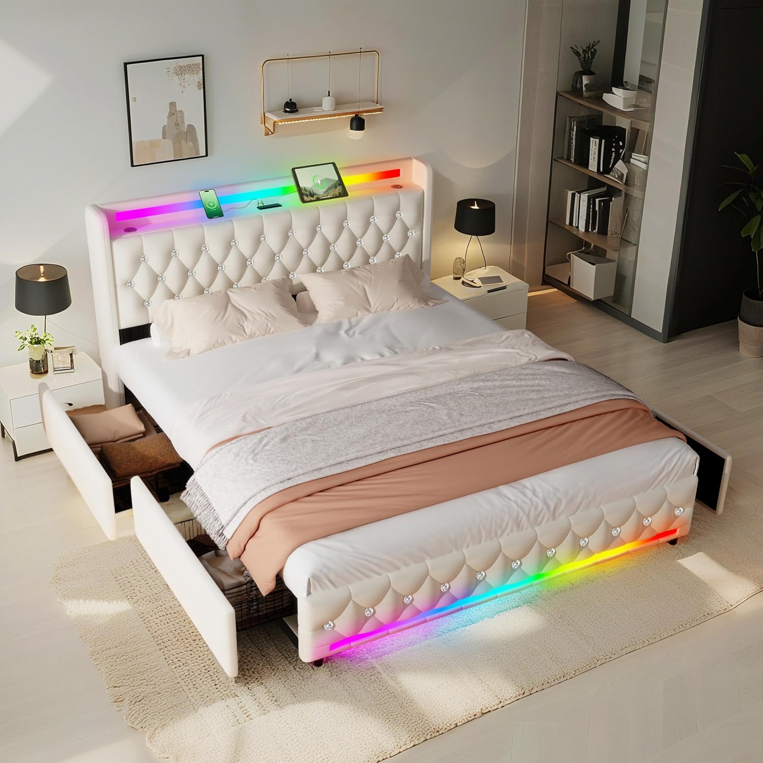 Juego 5-in-1 Full Bed Frame with Bluetooth Speakers,LED Light,Charging Station,4 Drawers Storage,Wooden Slats Support,Modern Velvet Upholstered Platform Bed with Headboard,No Box Spring Needed,Beige