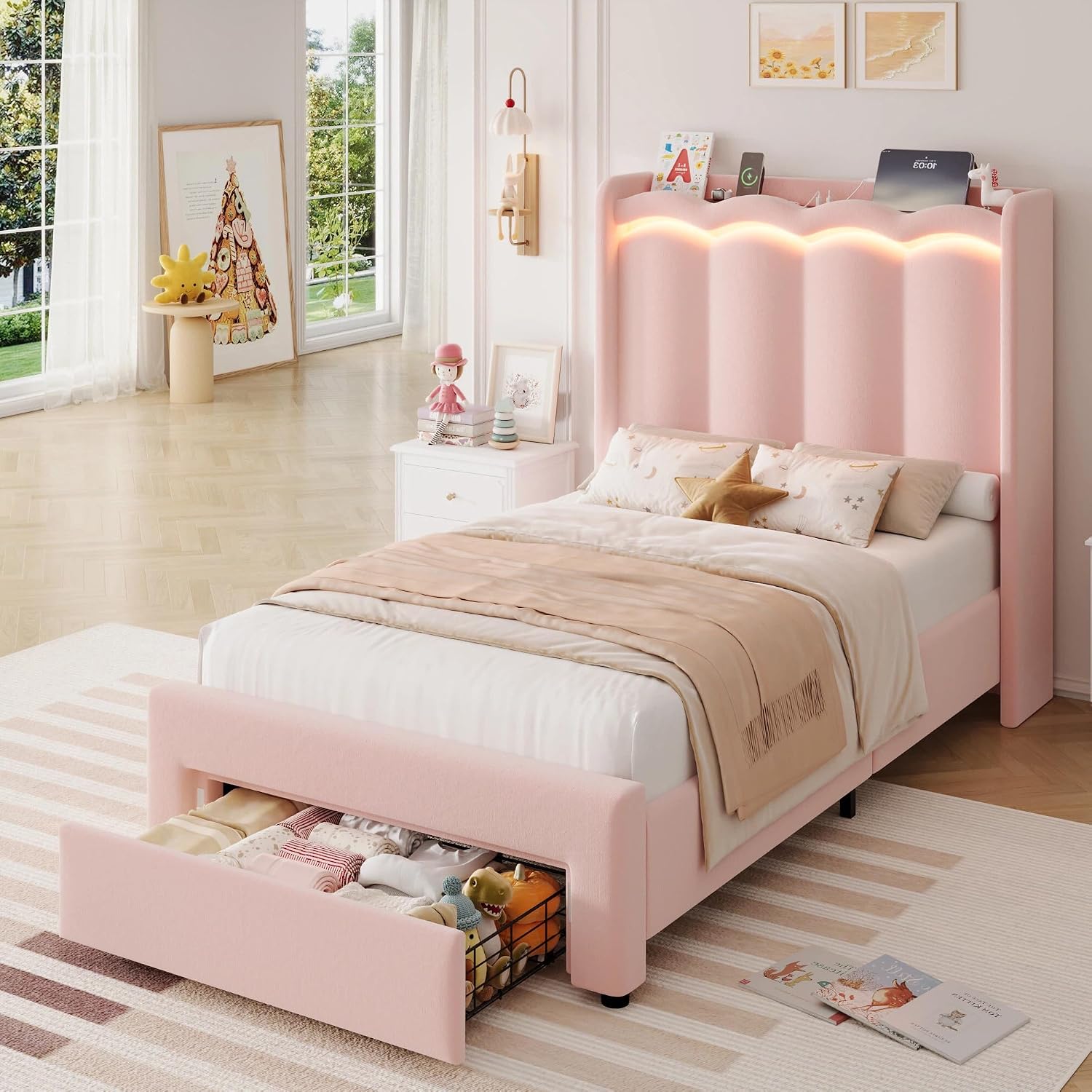 HIFIT 2 Set Upholstered Twin Size LED Bed Frame with Storage Drawer and Charging Station, Velvet Princess Twin Bed for Kids, Girls Bed with Double Wavy Wingback Headboard and Solid Frame, Pink
