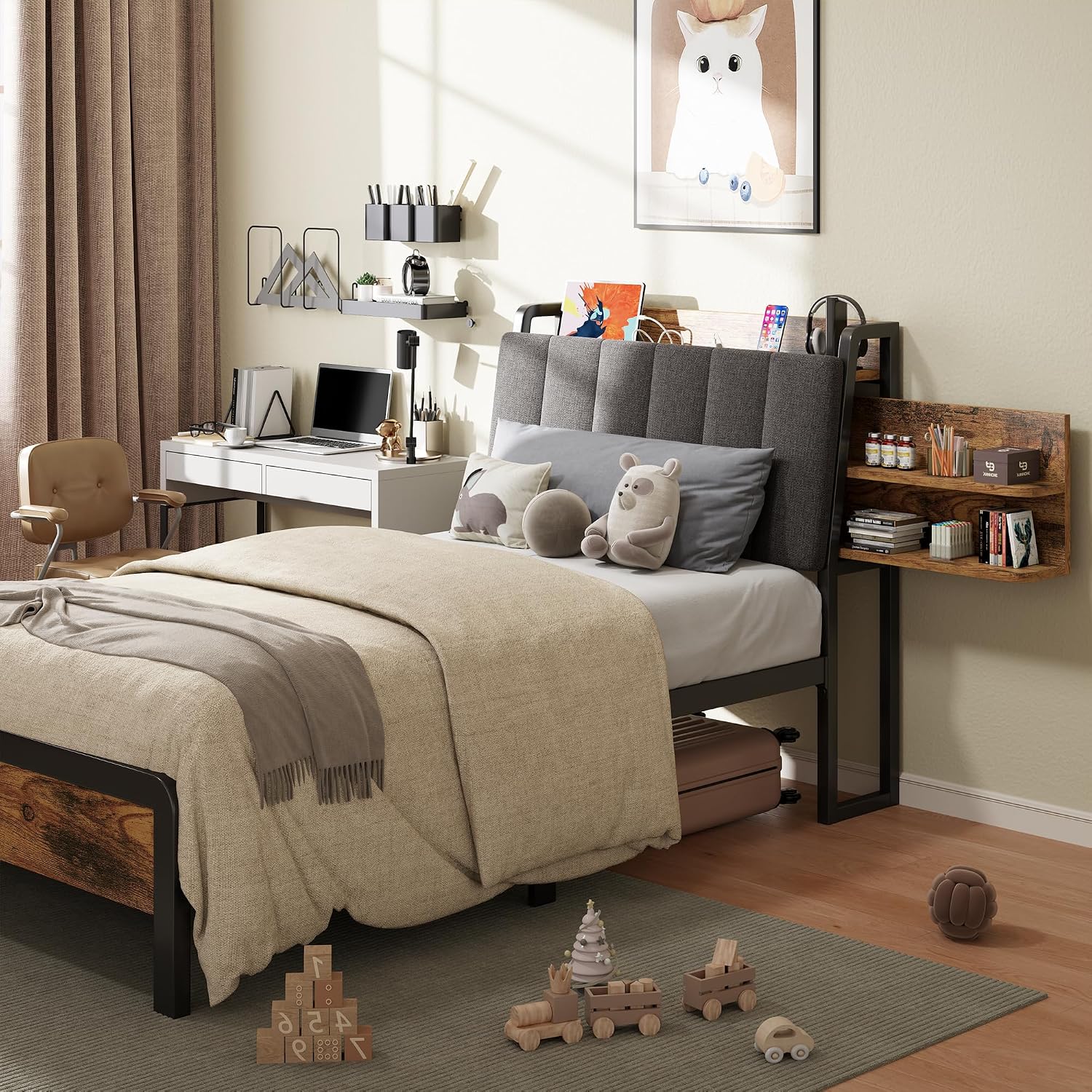Feonase Twin Bed Frame, 14.5 Inch Metal Platform Bed with 1 Hidden Storage Shelf, Ergonomic Upholstered Headboard with Outlets, Easy Assembly, No Box Spring Needed