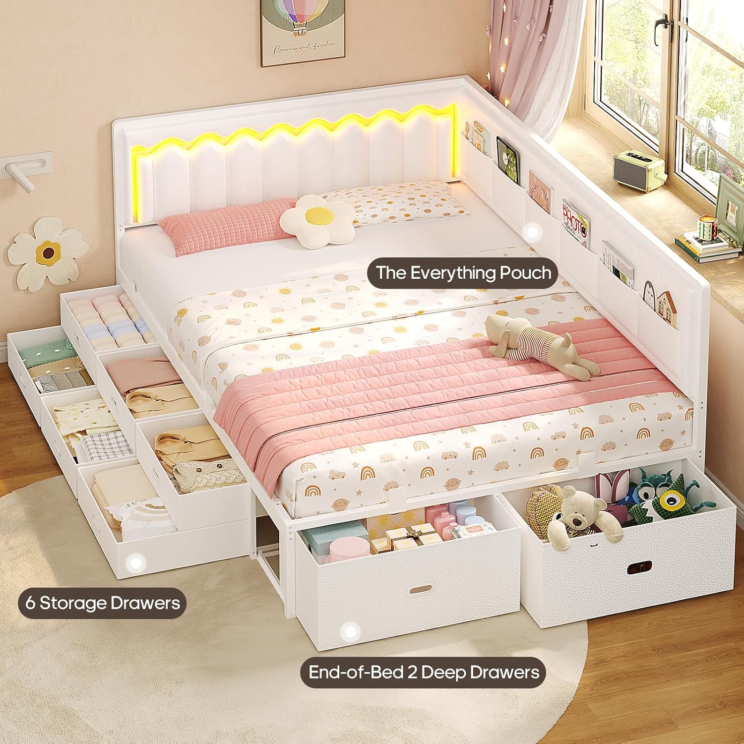 ADORNEVE Full Corner Bed Frame with 8 Drawers, 6 Storage Pockets, Full Daybed with Storage and RGB Wave Lights, Platform Bed with L-Shaped Upholstered Guardrail for Kids Teen,White