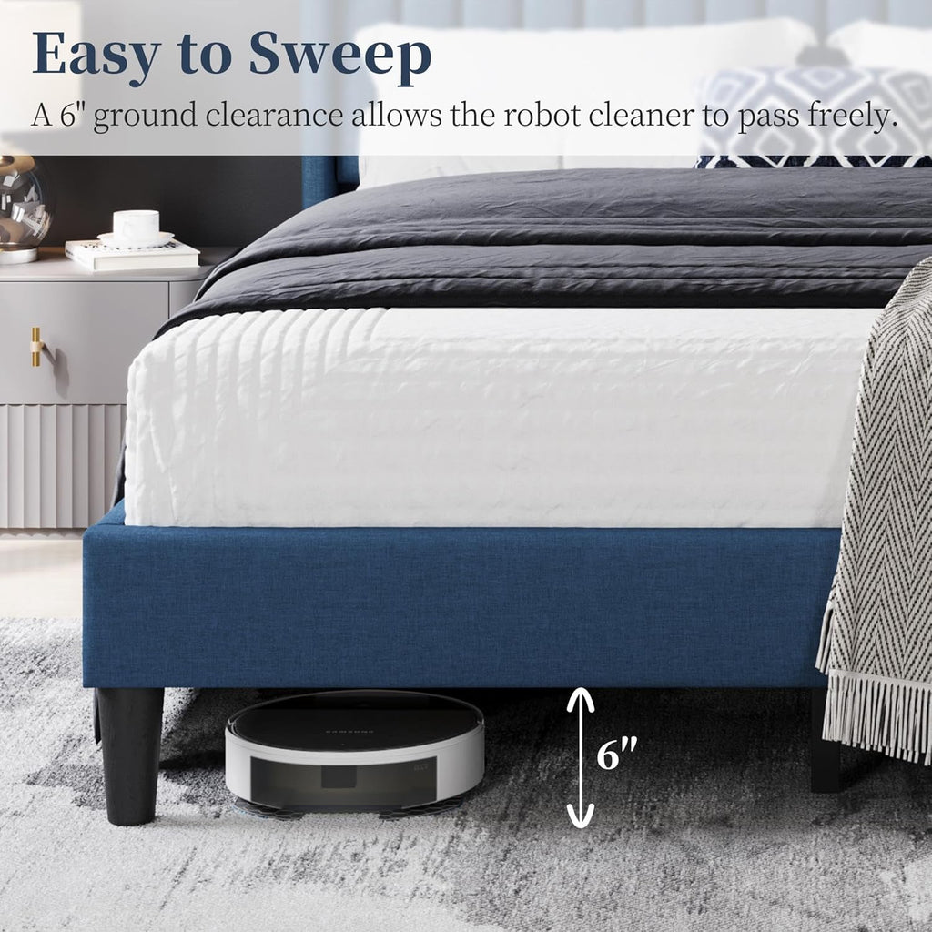 Yaheetech Queen Bed Frame Upholstered Platform Bed with Fabric Headboard, Wing Edge Design/Non-Slip and Noise-Free/Wooden Slats Support/No Box Spring Needed/Easy Assembly, Navy Blue Queen Bed