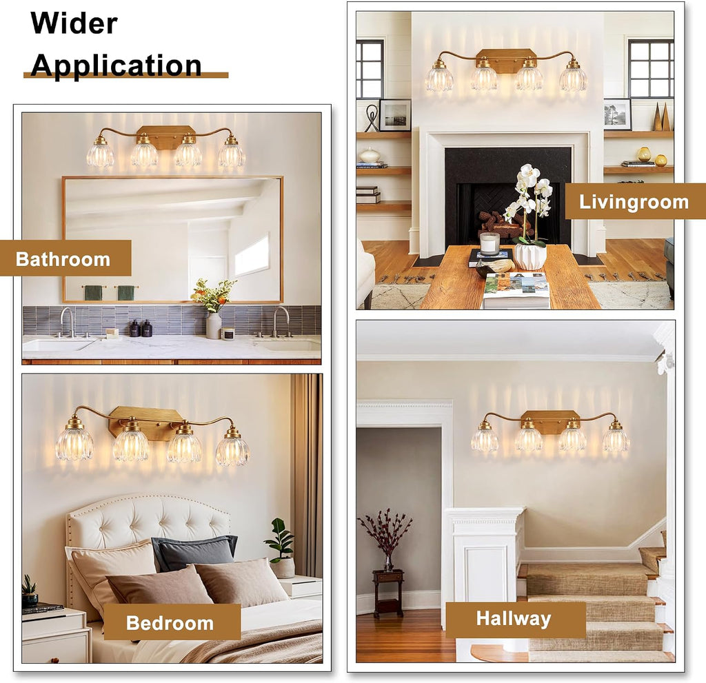 Vintage Bathroom Light Fixtures, 4 Light Gold Bathroom Vanity Light, Matte Antique Brass Finish with Crystal Glass Shade, Wall Sconces Lighting for Bedroom, Living Room, Hallway