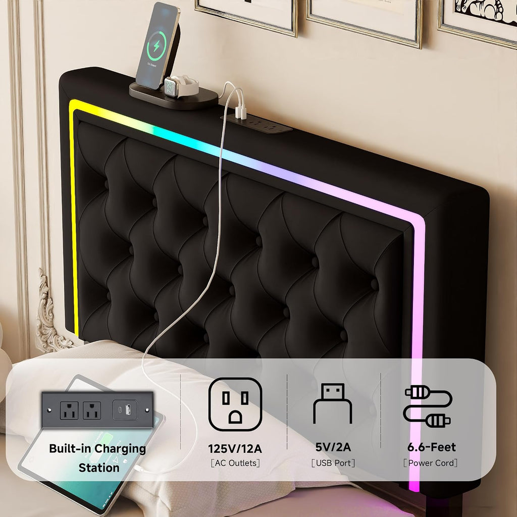 LED Twin Bed Frames with Headboard and Storage,Twin Size Bed Frames with 4 Storage Drawers and LED Lights,Velvet Upholstered Platform Twin Bed Frame with Charging Station,No Box Spring Needed,Black