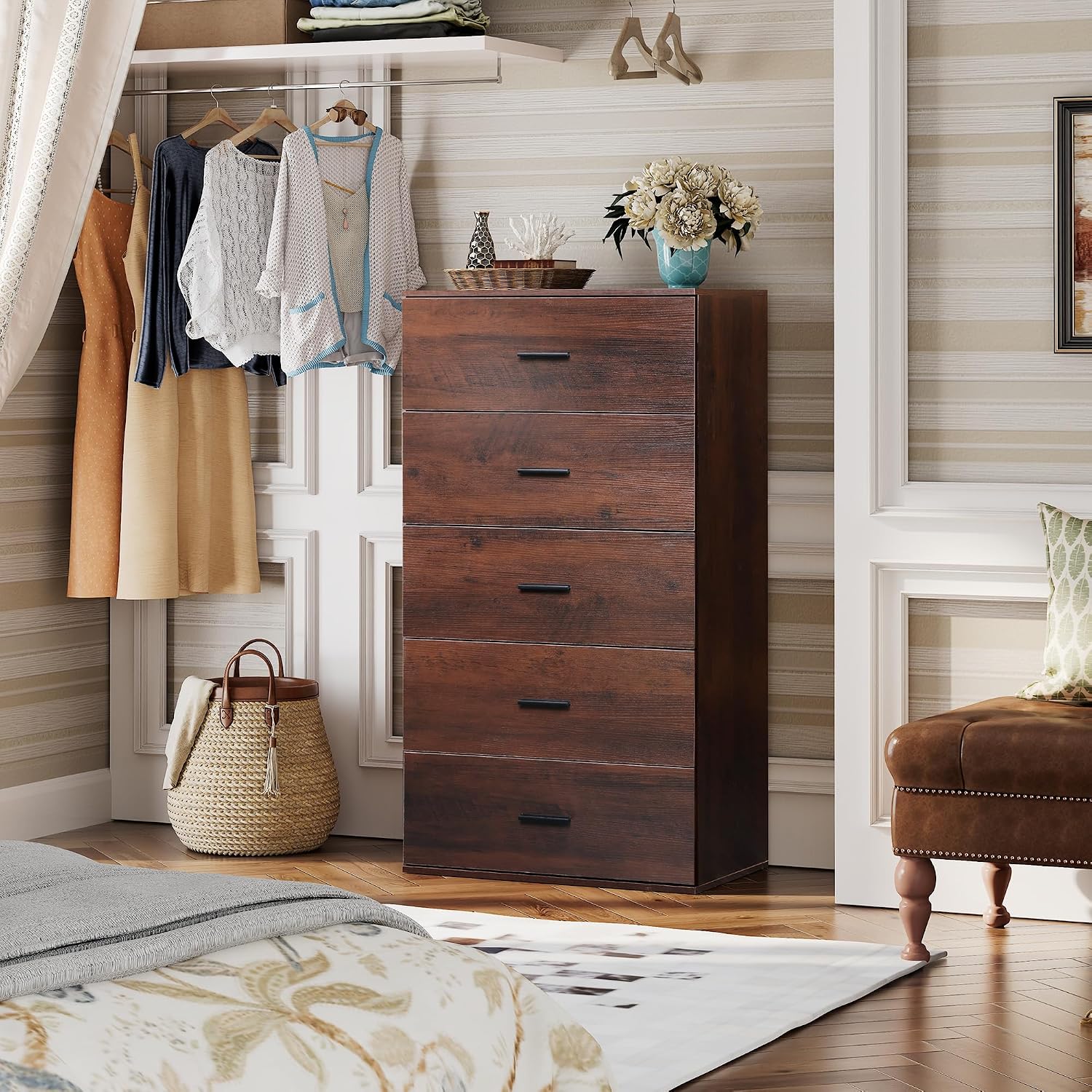 WLIVE Tall Dresser for Bedroom, Wood Chest of Drawers with Mental Handles, Brown Bedroom Dresser with 5 Drawers, Modern Minimalist Closet Store Organizer for Living Room, Hallway