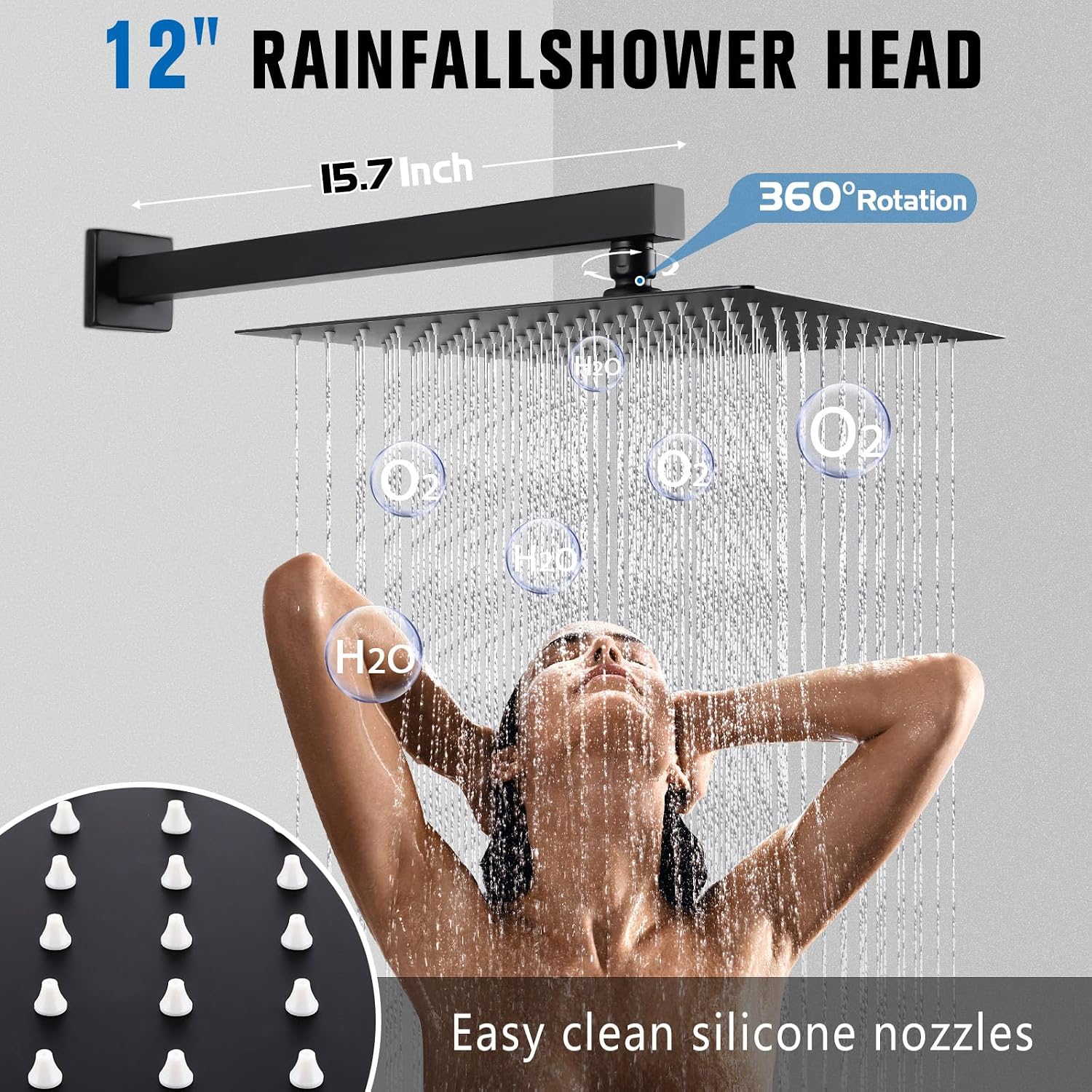 12 Inch Rainfall Shower System - Wall Mounted Complete Combo with Solid Brass Pressure Balancing Valve, High Pressure Shower Head, Handle Set & Installation Accessories Matte Black