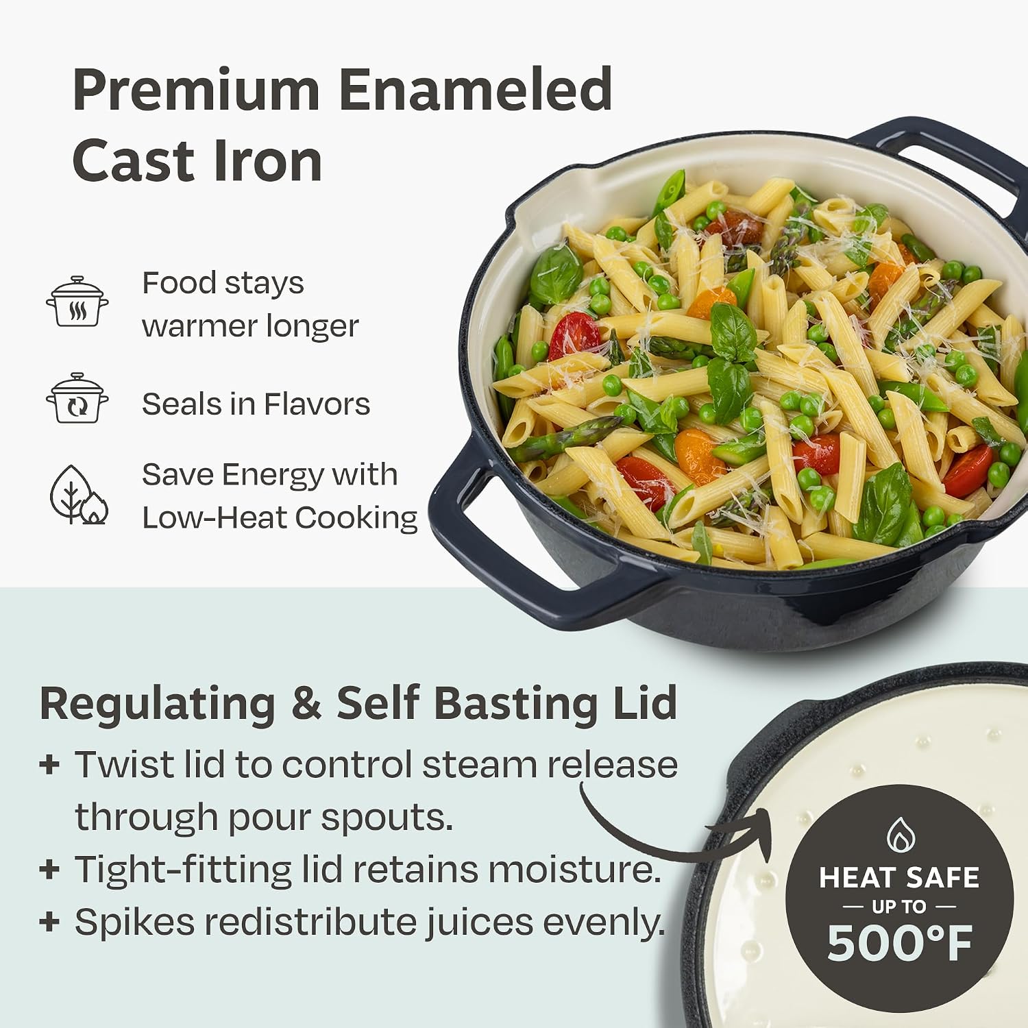 NATIVO 5 pc Stackable Cast Iron Cookware Set, Versatile Enamel Dutch Oven, Seasoned Grill Pan & Enamel Braiser with Precision Pour Spouts, Universal Lid, Included Spacers/Handle Holders, Stormy Grey