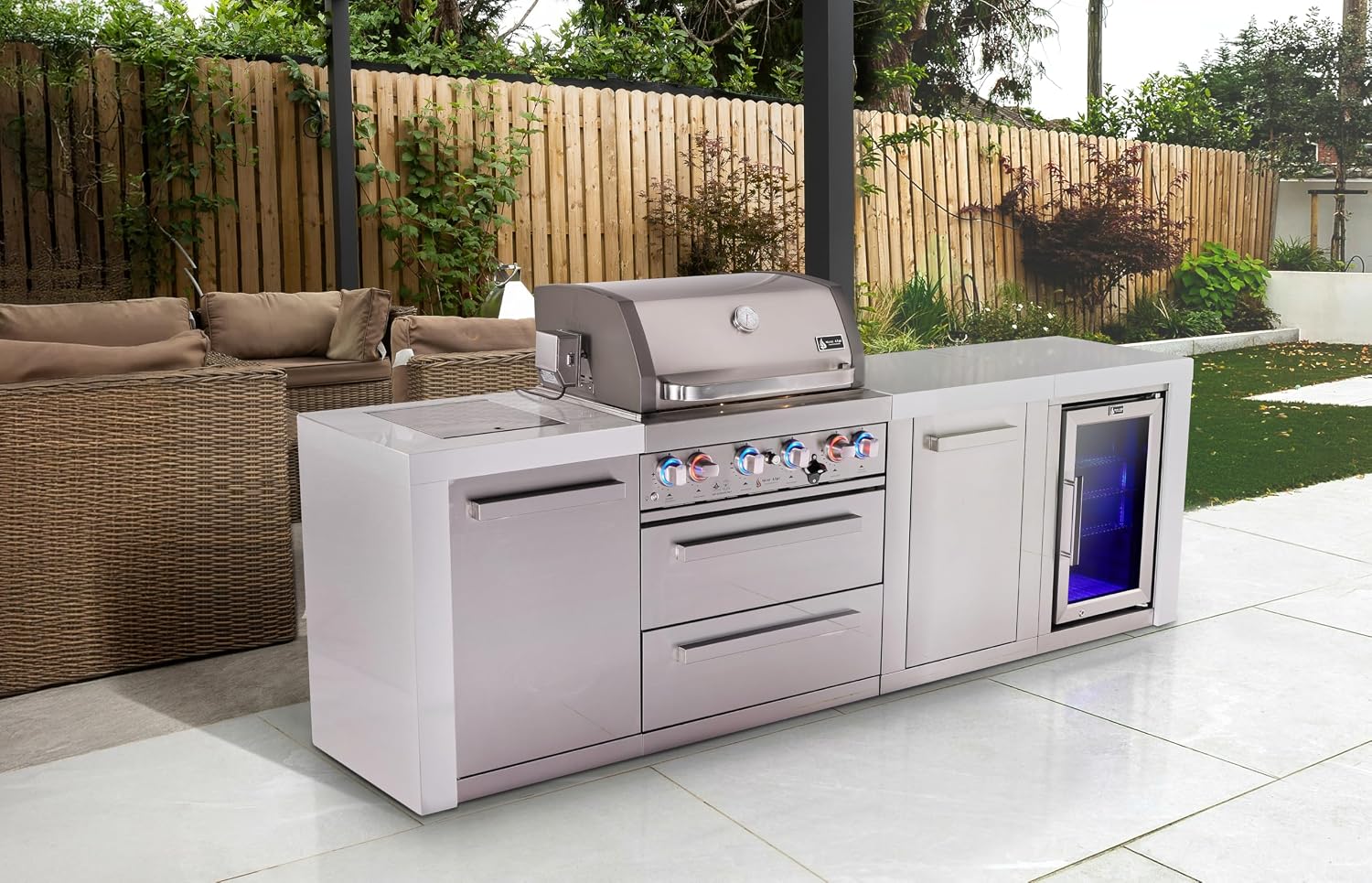 Mont Alpi Premium 107'W x 23'D x 46'H Deluxe Stainless Steel Outdoor Kitchen Island with Refrigerator + 32'W 4-Burner BBQ Gas Grill + Granite Countertops + Storage Cabinets + Rotisserie Kit + Cover