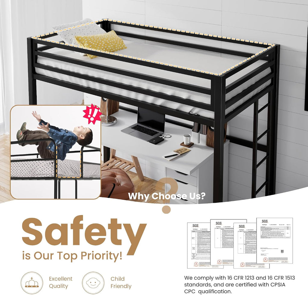 SHA CERLIN Loft Bed Twin Size with Ladder and Guardrail,Heavy Duty Metal Slats Support No Box Spring Needed Small Space Saving Furniture for Bedroom Dorm,Black