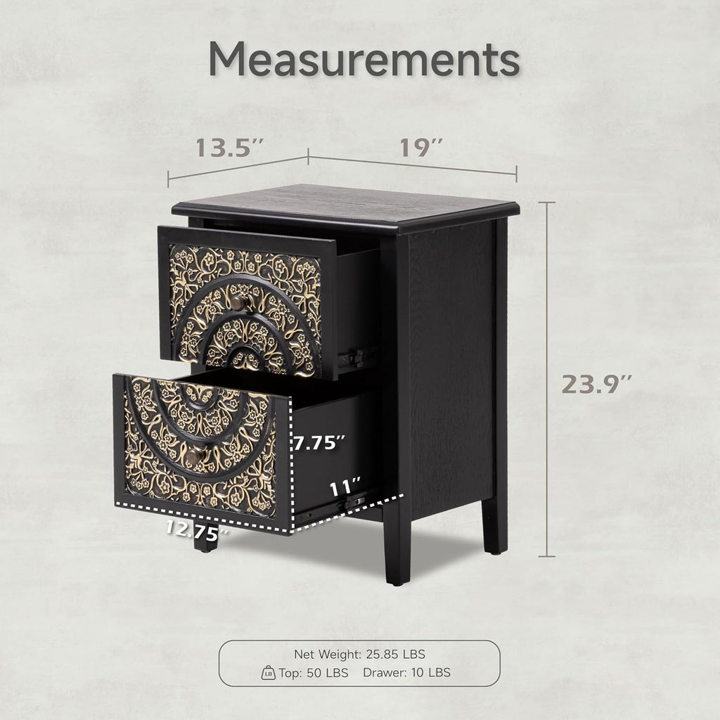 COZAYH Set of 2 2-Drawer Fully-Assembled Flower Motif Nightstand for Small Spaces, French Country, Modern, Distressed Finish,Gold & Black
