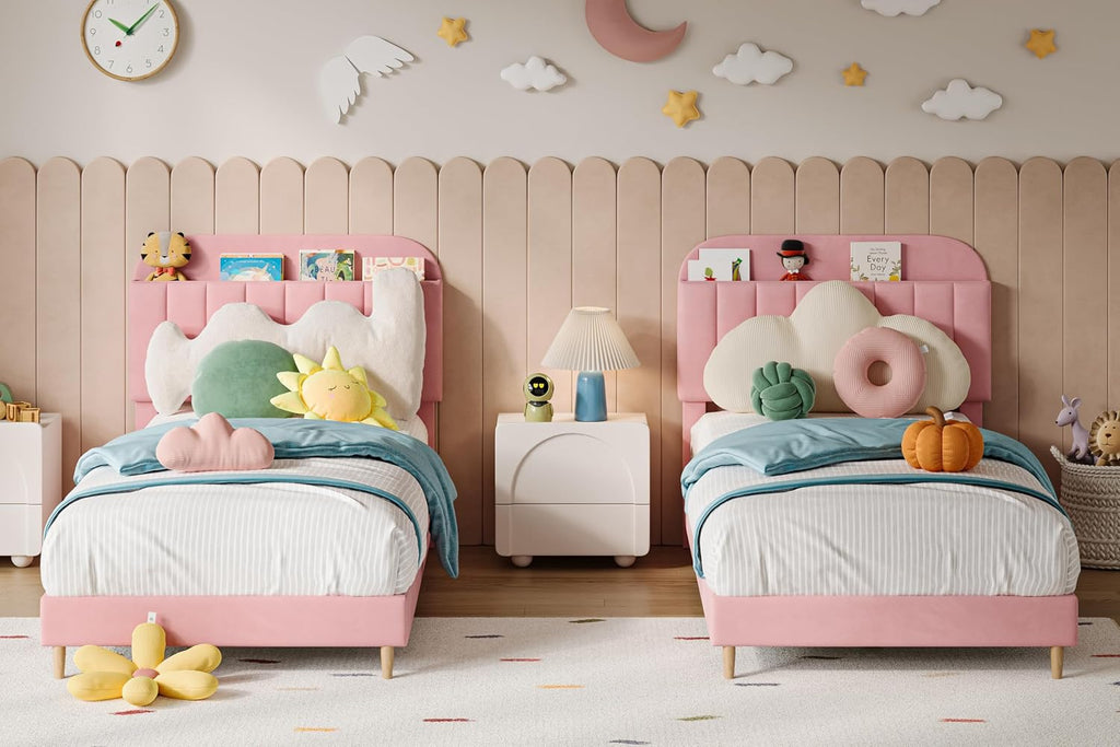IDEALHOUSE 2PCS Twin Bed Frames, Upholstered Platform Bed Frame with Bookcase Headboard, Velvet Platform Bed Mattress Foundation, Heavy Duty Steel Support Legs, Easy Assembly, Noise Free, Light Pink