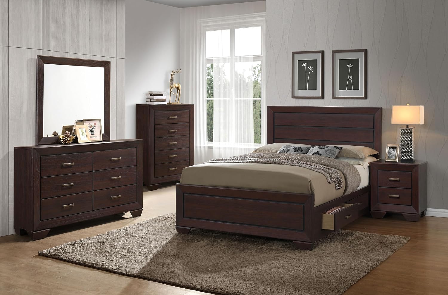 Coaster Home Furnishings Kauffman Transitional 5-Piece Bedroom Set Eastern King Size Storage Panel Bed Frame 54-inch Headboard Dark Cocoa 204390KE-S5