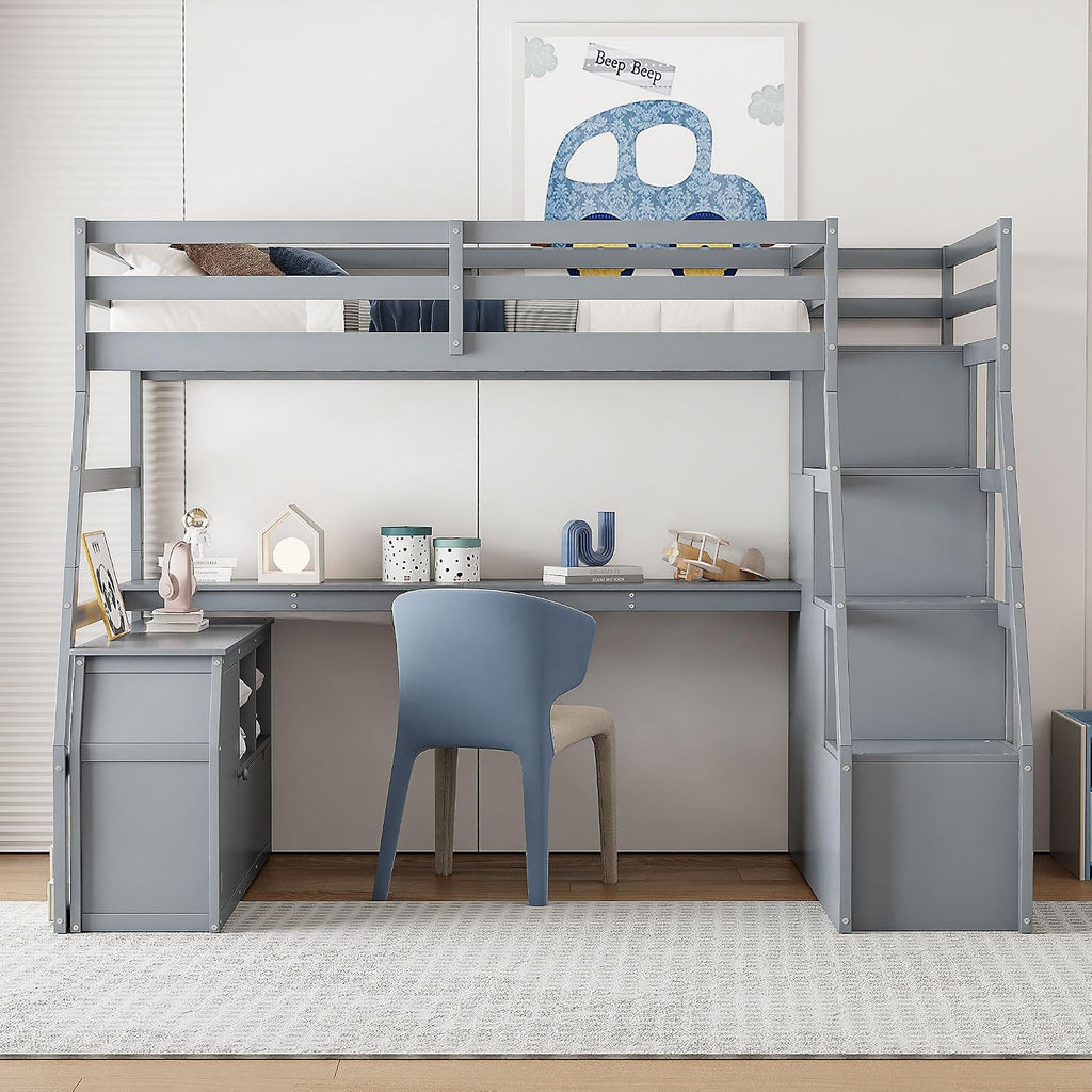 Bellemave Full Loft Bed with Desk & Storage Stairs Wood Loft Beds with Cabinet and 7 Drawers and 2 Shelves High Loft Bed Frame with Step for Kids, Juniors, Teen, Boys, Girls, Grey