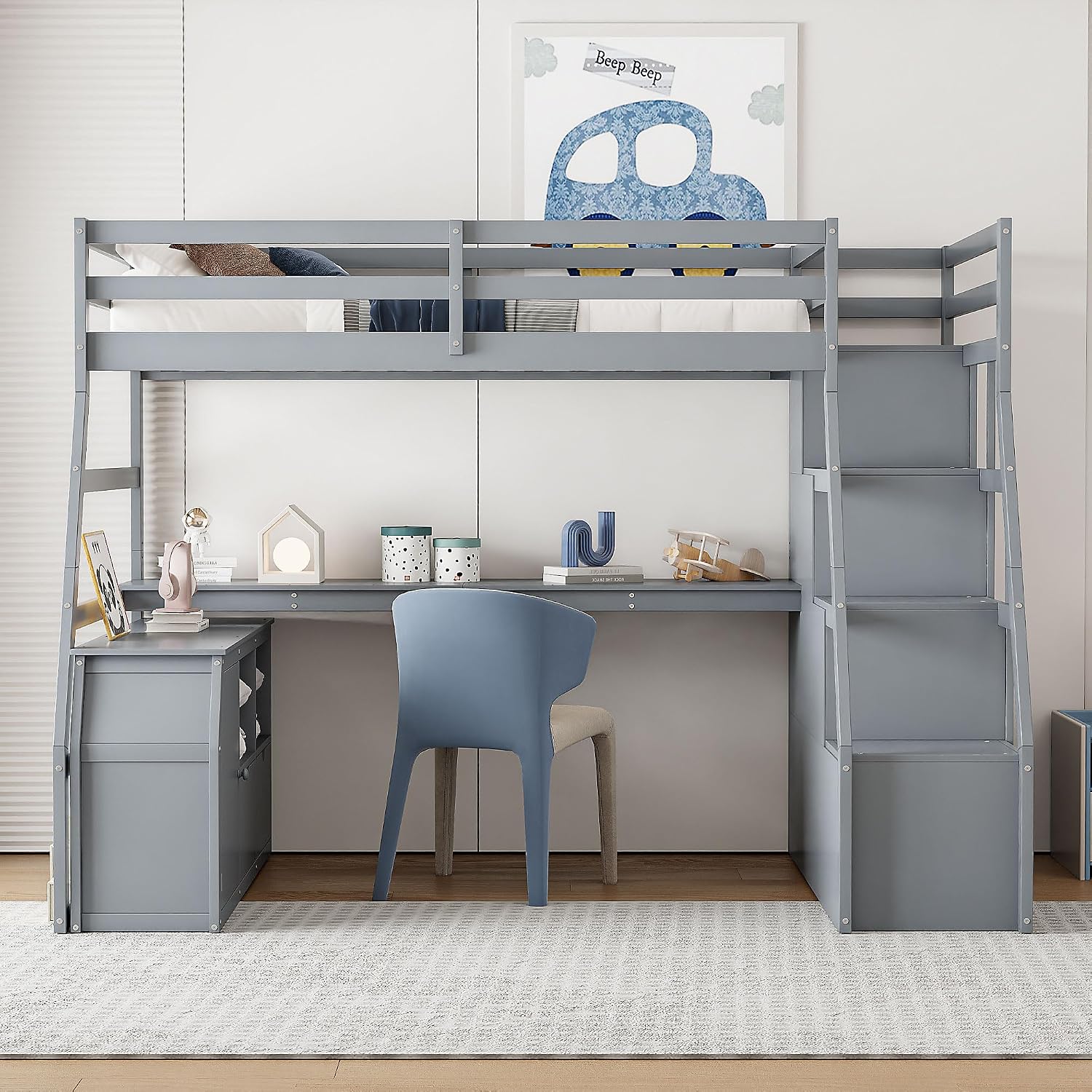 Bellemave Full Loft Bed with Desk & Storage Stairs Wood Loft Beds with Cabinet and 7 Drawers and 2 Shelves High Loft Bed Frame with Step for Kids, Juniors, Teen, Boys, Girls, Grey