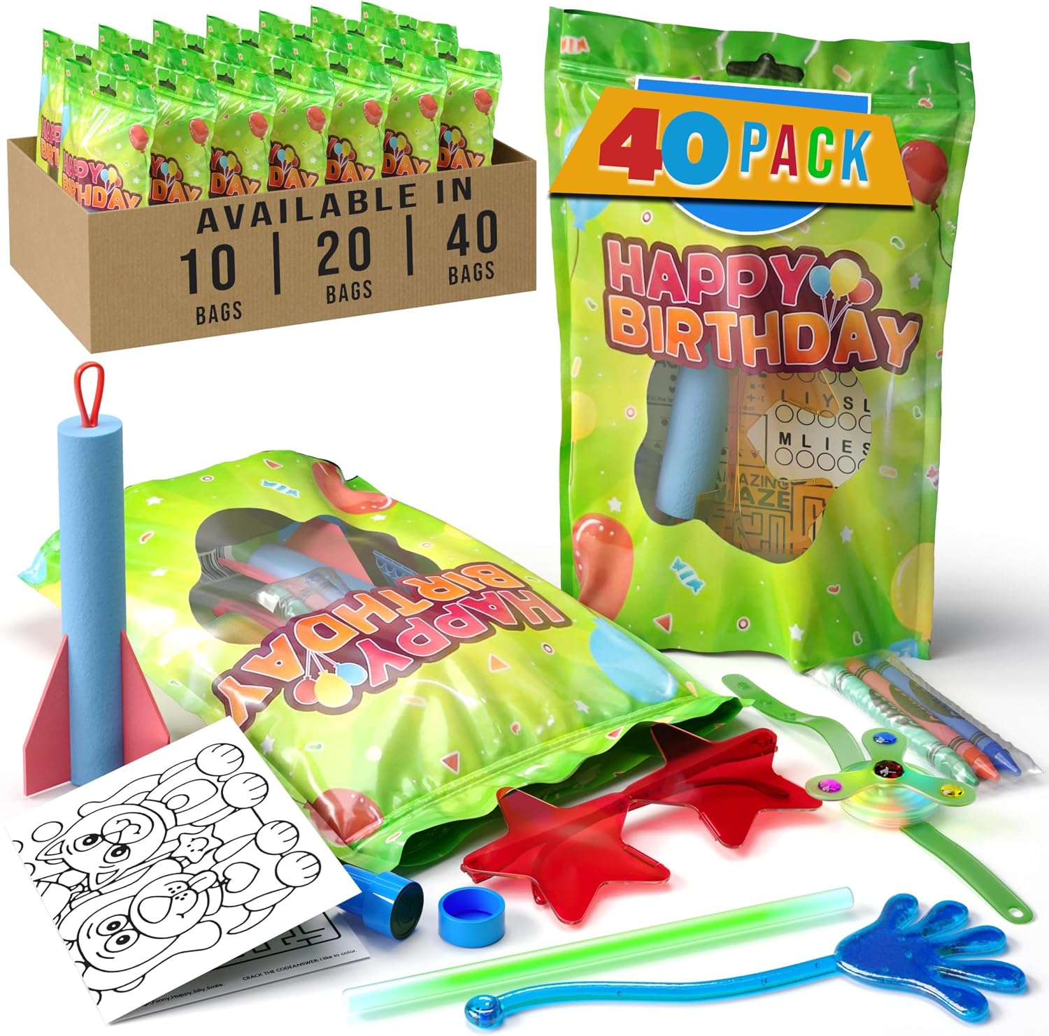 Crown Display Premade Goodie Bags for Kids Birthday Party Favor Bags 40 Happy Birthday Pre Filled Party Favors for Kids Bag Goodie Bag Stuffers Fidget Toys & Small Toys goodie bags for Boys & Girls