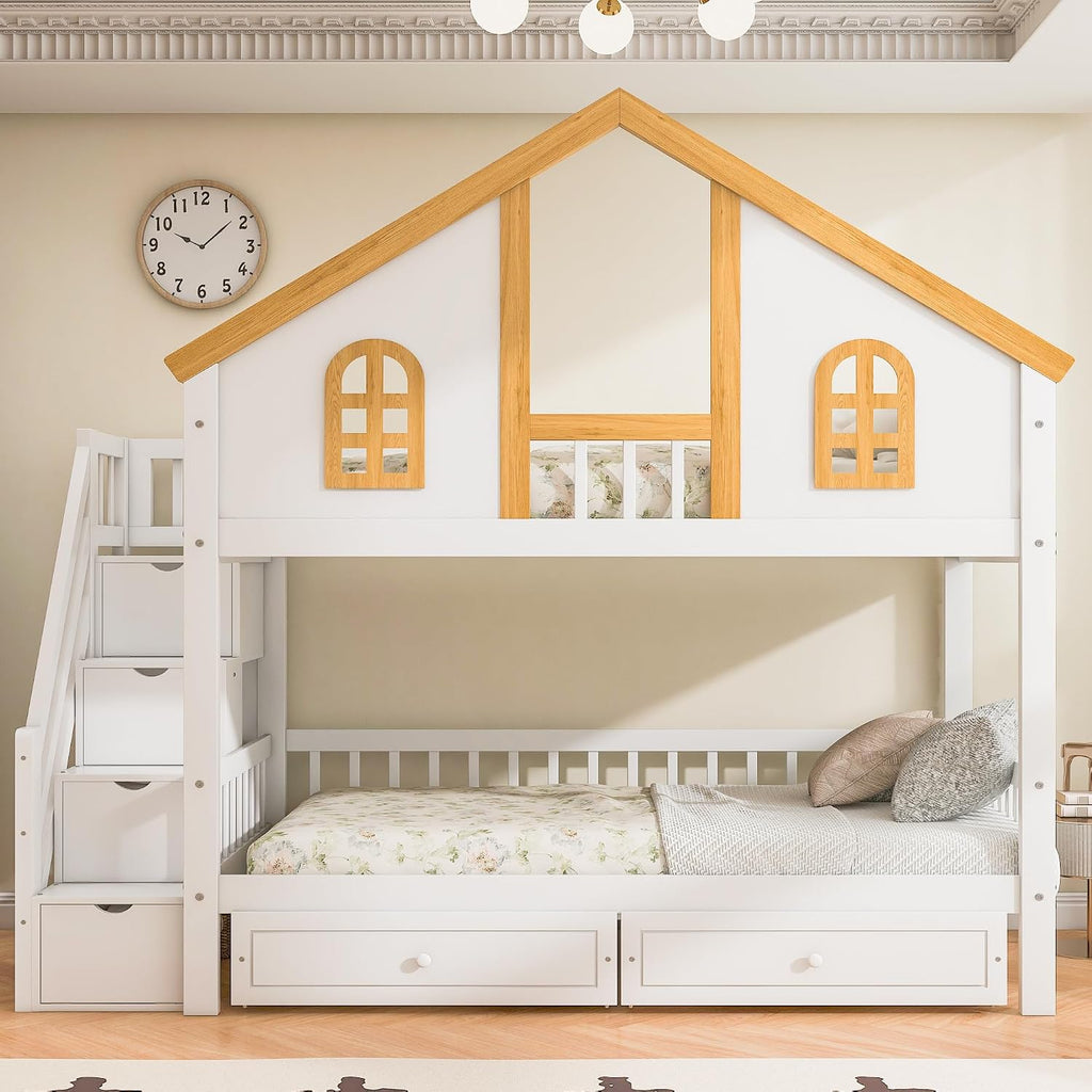 Merax Twin Over Twin Wooden Bunk Bed with Two Drawers and Storage Staircase, Twin Size House Bunk Bed Frame with Window Door Guardrails for Teens, Boys, Girls Bedroom, White+Natural