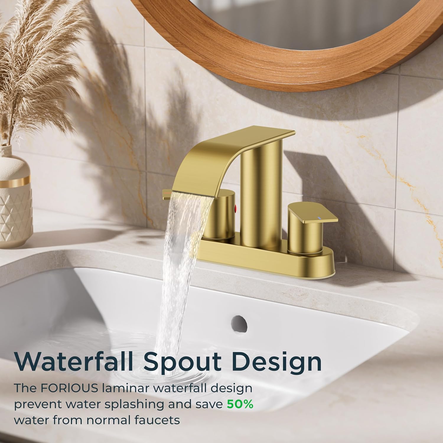 FORIOUS Brushed Gold Bathroom Sink Faucet, Waterfall 4 Inch Centerset Bathroom Faucets with Metal Pop up Drain and cUPC Hose for Basin, Vanity, RV, Lavatory 2 or 3 Hole Sink, 2 Pack