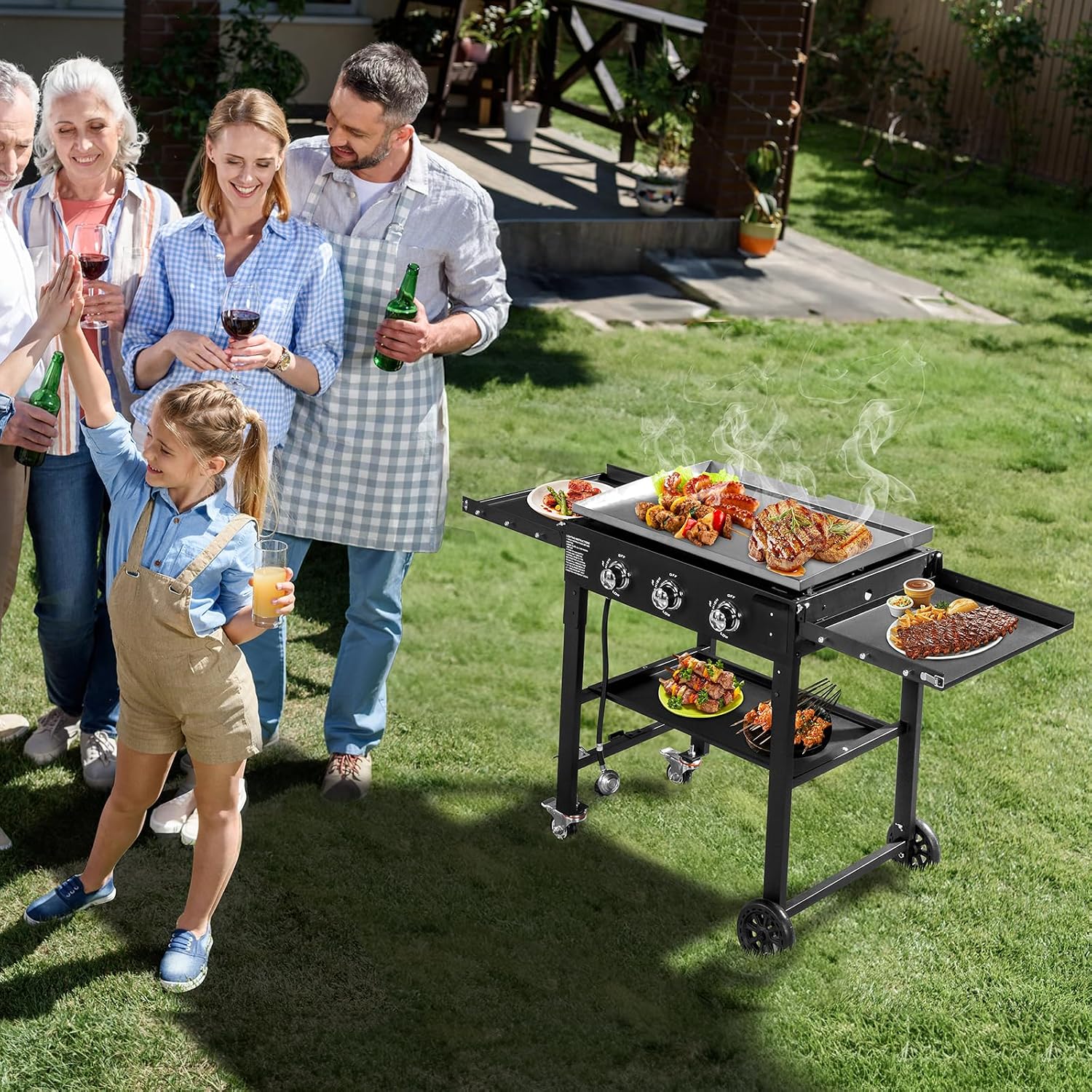 Foldable 3-Burner Flat Top Gas Griddle, 45,000 Btu Portable Outdoor Griddle Station with Side Shelves and Wheels, Propane Camping Griddle for Outdoor Kitchen Backyard Travel Rv