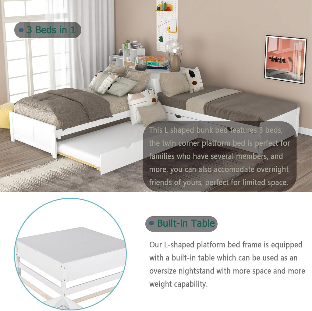 Merax Storage Daybed with Trundle, Twin Size L-Shaped Platform Bed with Convertible Trundle, Two Drawers and Built-in Desk for Living Room, Bedroom, Guest Room, No Box Spring Needed (White)