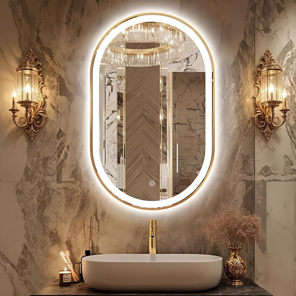 Oval LED Bathroom Mirror, 32'x20' Backlit Vanity Mirror with Light for Wall with Gold Frame, Anti-Fog, Dimmable, Frontlit, 3 Colors, Memory Function, IP65 Waterproof, UL Listed, Horizontal/Vertical
