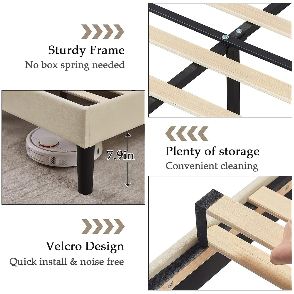 VECELO Queen Velvet Upholstered Platform Bed Frame with Tufted Adjustable Headboard/Mattress Foundation/Wooden Slat Support/Under Bed Storage Space/No Box Spring Needed/Easy Assembly
