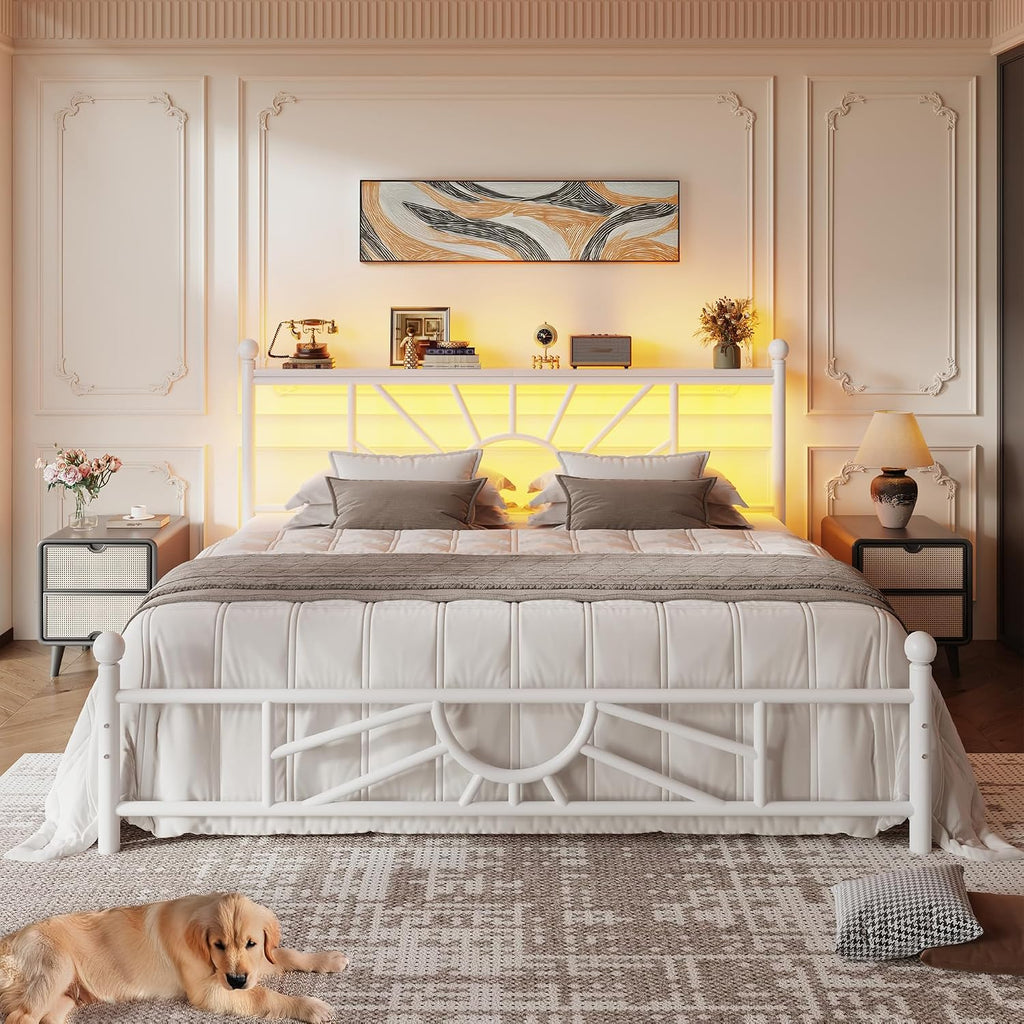 Homkdom 14 inch Queen Size Metal Bed Frame Platform with Storage Headboard, Victorian Metal Bed Frame with Under Bed Storage/No Box Spring Needed/Noise-Free/Easy Assembly, White
