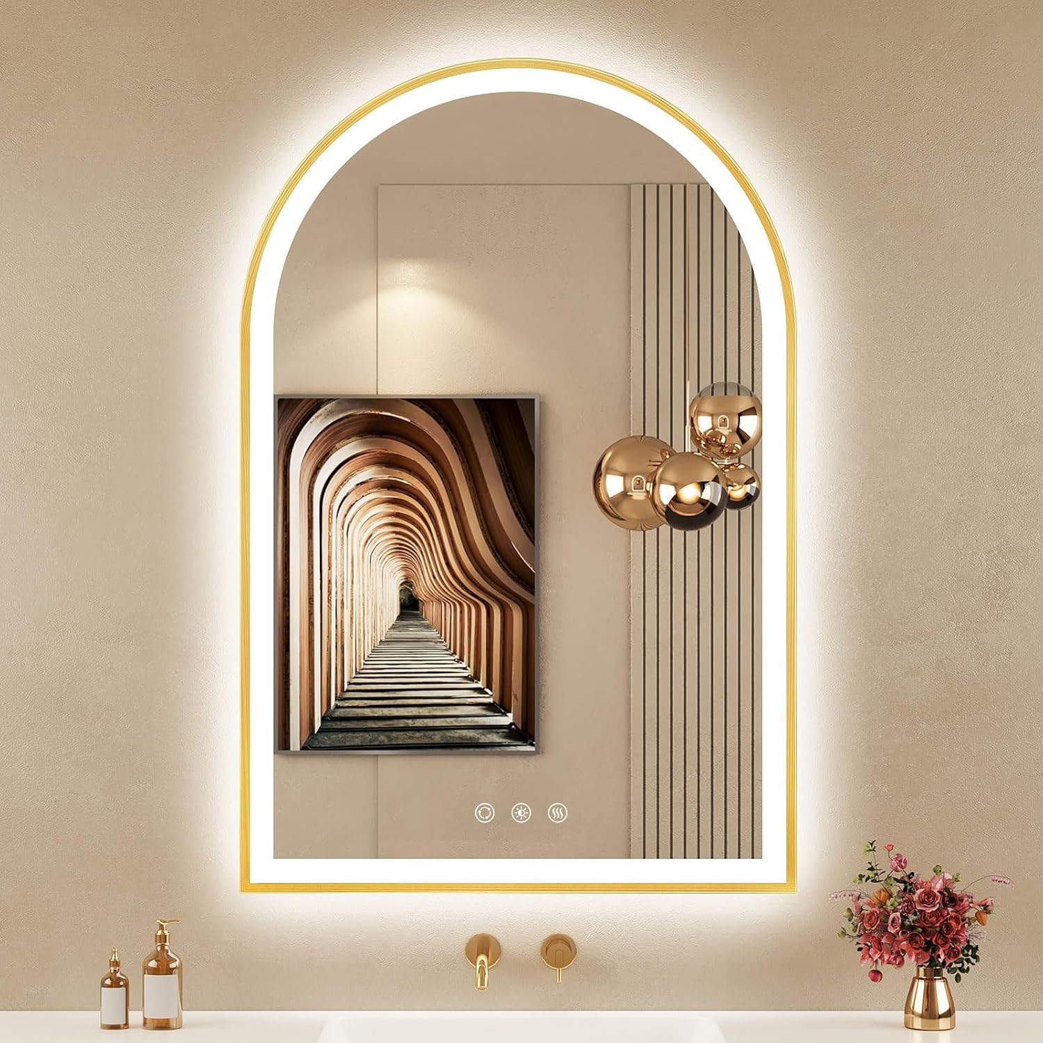 24'x36' Arched LED Mirror for Bathroom, Brushed Gold Lighted Bathroom Mirror with Lights, Fogless, Dimmable, Shatterproof, Touch Sensor, 3 Color Changing