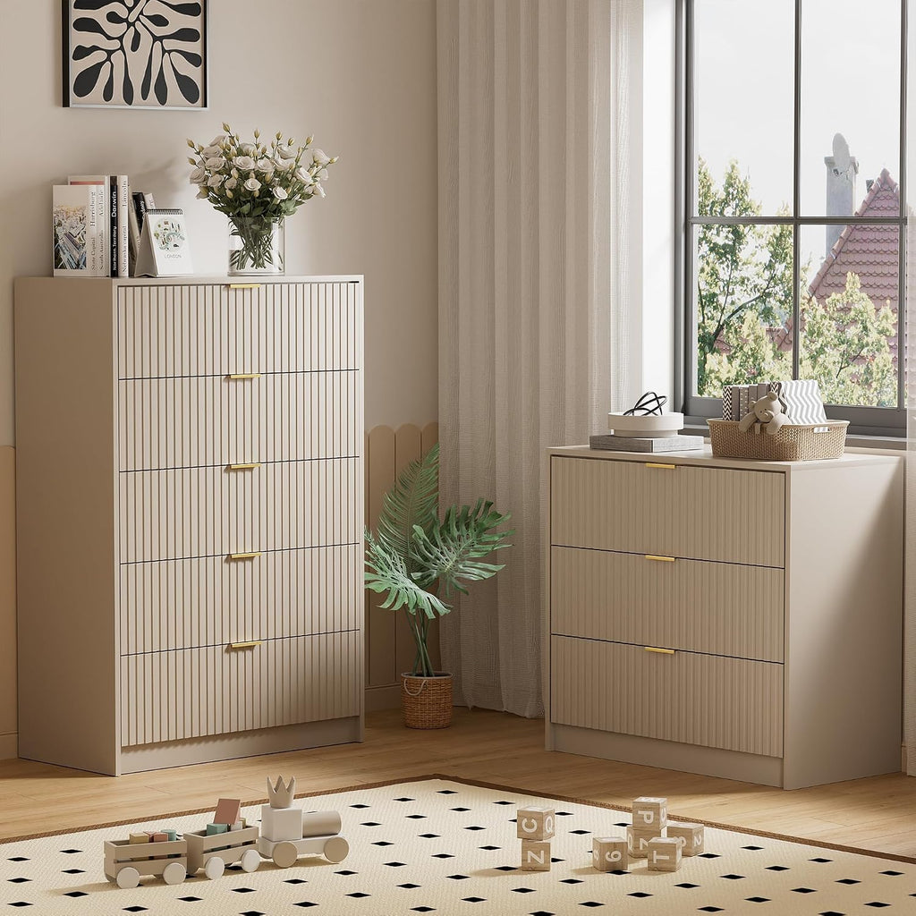 Furniway Beige Dresser Bedroom Set 3 Pieces, Nightstands Sets of 2, 5 Drawer Dresser with Gold Handles for Bedroom
