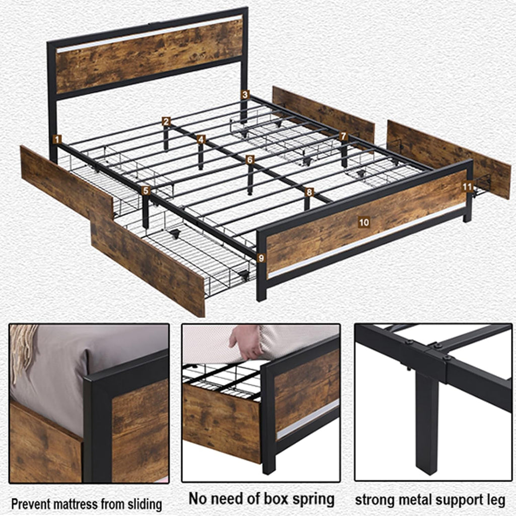 Ailisite Full Size Bed Frame with Storage and 4 Drawers, Rustic Bed Frame Full Size with Headboard and Charging Station and Led Lights, Wood Platform Bed Frame No Box Spring Needed, Noise Free, Brown