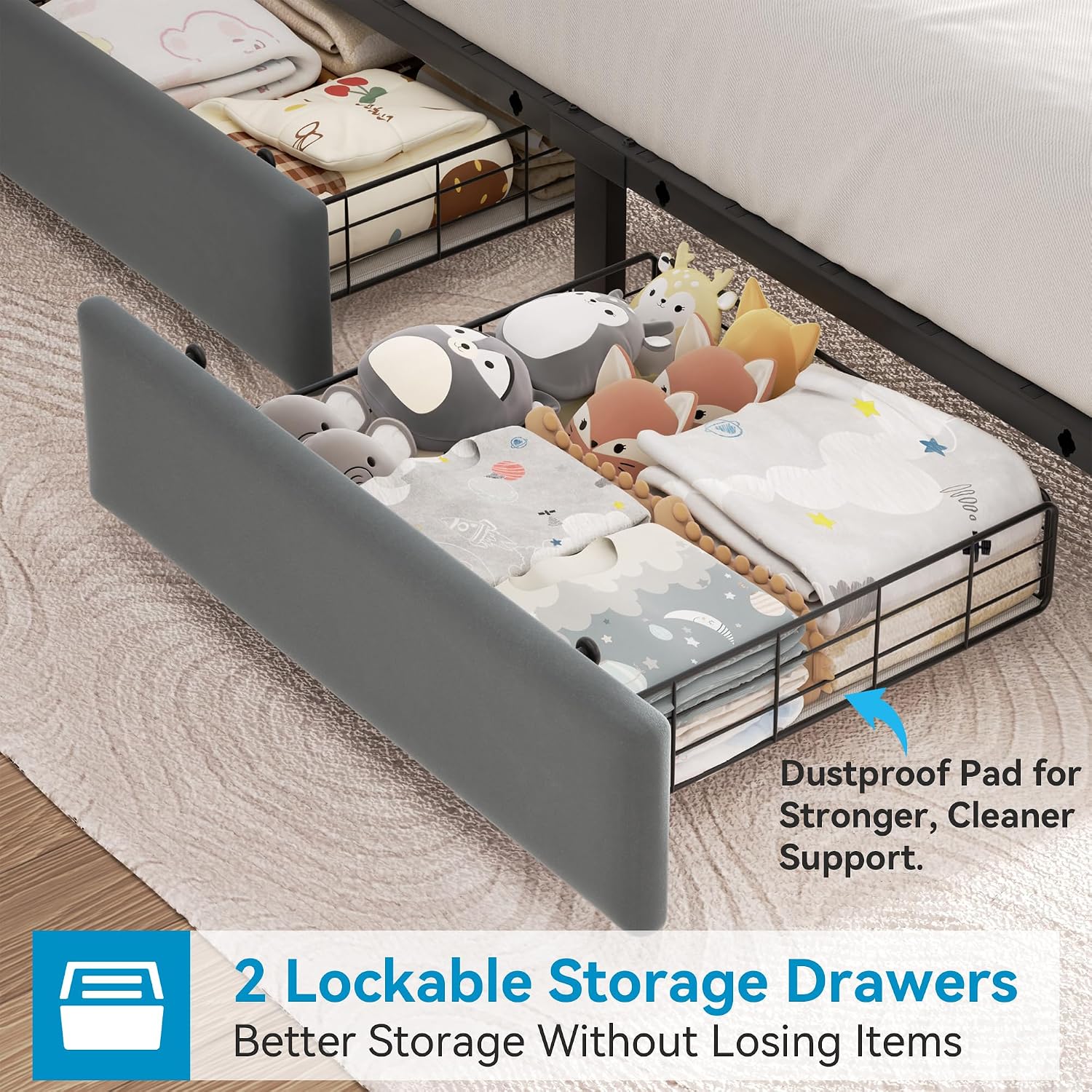 Jocoevol Twin Upholstered LED Bed Frame with 2 Storage Drawers and 2-Tier Storage Bookcase Headboard, Velvet Platform Bed for Kids/Girls/Boys, Heavy Duty Metal Support, No Box Spring Needed, Grey