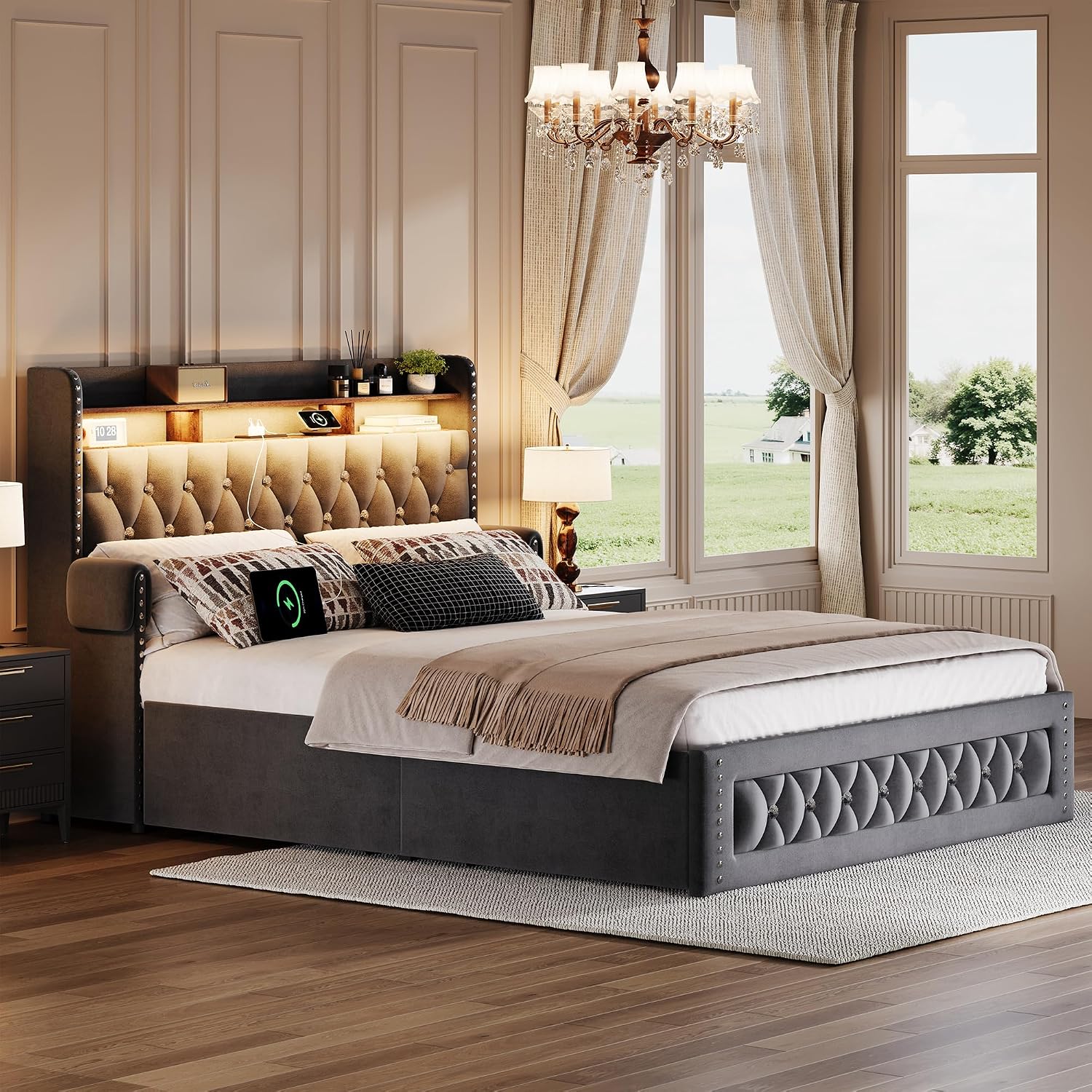 Ailisite Full Size Bed Frame with 4 Storage Drawers and RGB Led Lights,Velvet Upholstered Full Platform Bed with Charging Station and Bookcase Storage Headboard, with Crystal and Rivet Deco, Grey