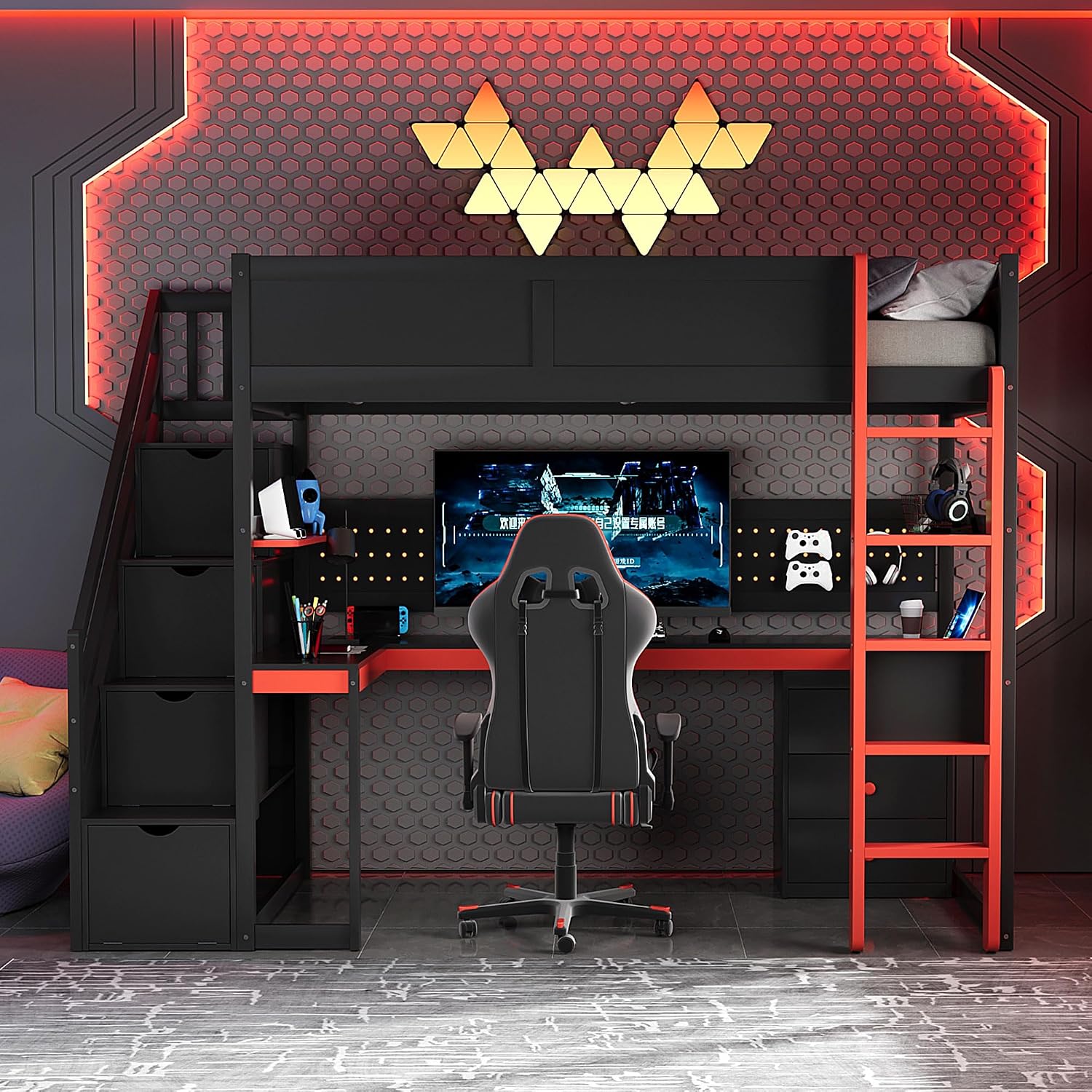 Ball & Cast Gaming Twin Size Loft Bed with Storage Stairs,Wood Gamer Loft Bed Frame W/Desk,Shelves and Pegboard,High Loft Bed W/Full-Length Guardrail,Bedroom Furniture for Student Dorms,Black+Red
