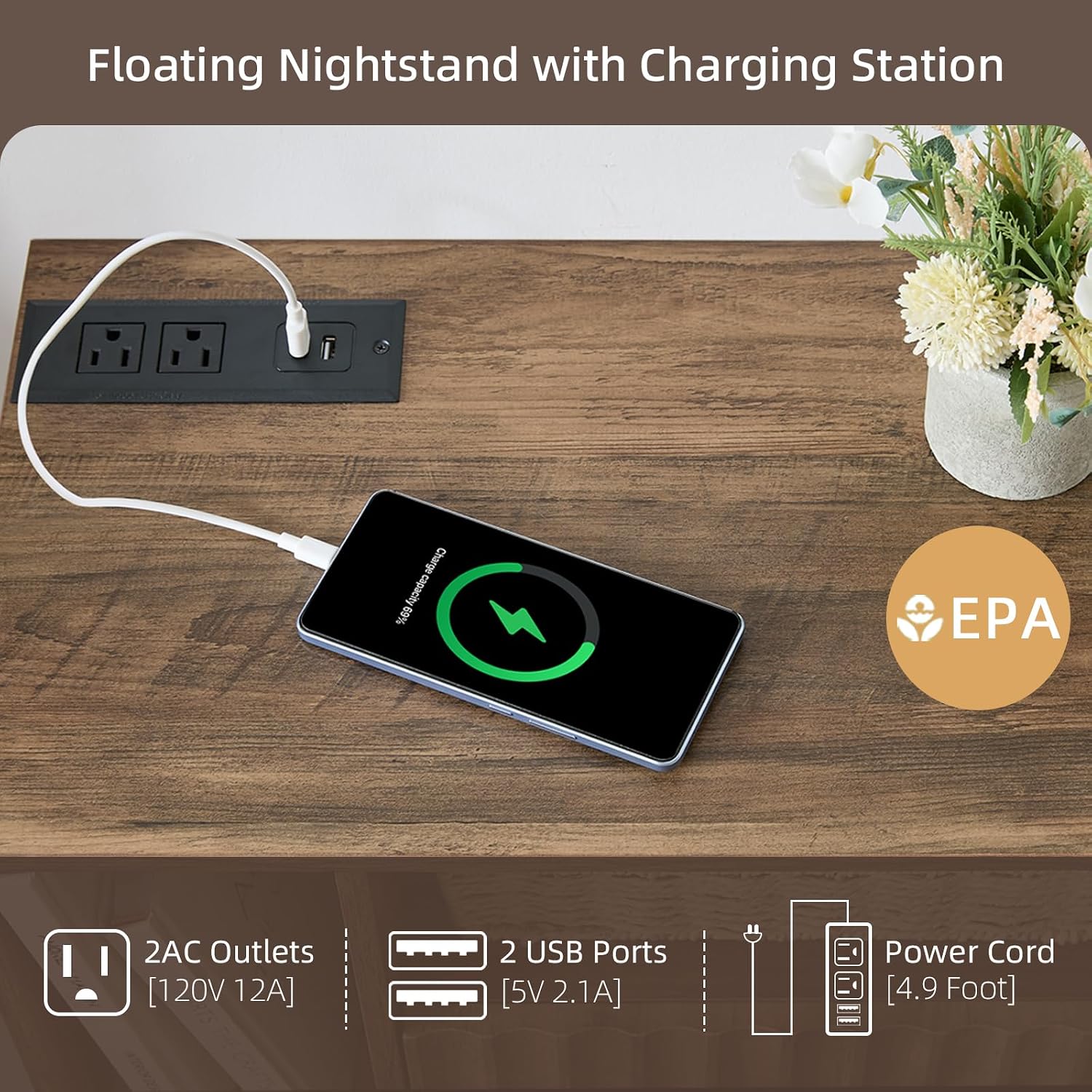 BuildHom Floating Nightstand with Charging Station - Modern Rustic Brown Fluted Bedside Table with Drawer, USB Ports & Outlets (Set of 2)